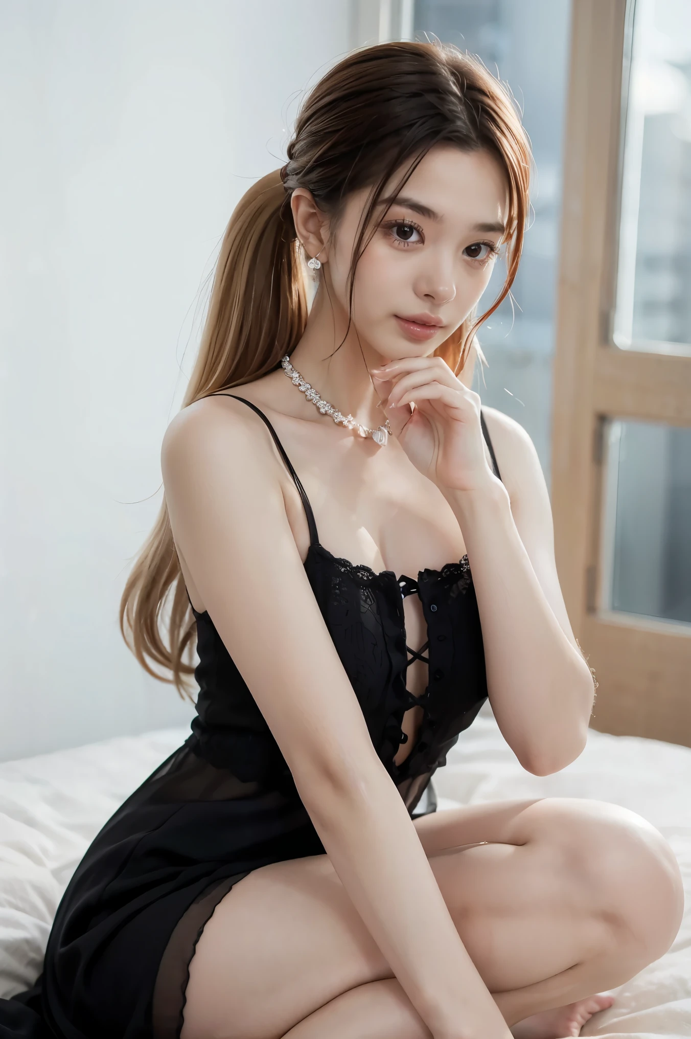 1girl, black dress, white background,