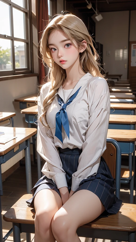 A beautiful high school girl who is half French and half Japanese、Anyway, her face is beautiful、Beautiful blue eye color、Beautiful long, straight, bright blonde hair、Please wear sailor uniforms, which are typical of Japanese school uniforms.。The background is a high school classroom、High school girls are sitting on chairs and in class。She seems to be having fun talking with other high school girls.、I&#39;m watching a beautiful high school girl from behind with other students.、Please show the face in profile。