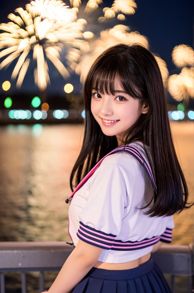 Image resolution 8K、masterpiece:1.3)、cute、1 girl、(魅力的なBody Type:1.2)、abdomen:1.1、Dark brown hairstyle:1.1、(Body Type:1.2)、Ultra-detailed face、Attractive lips、double eyelid、Ultra-realistic and detailed Japanese school girl in a white short-sleeved zippered sailor suit and pink skirt、日本人のcute女の子、10th Generation、　(16 years old)、Night view and large fireworks in the background、Breast Size: 82cm、The smile is wonderful.、Beautiful breasts、color々Hair style、Hair blowing in the wind、