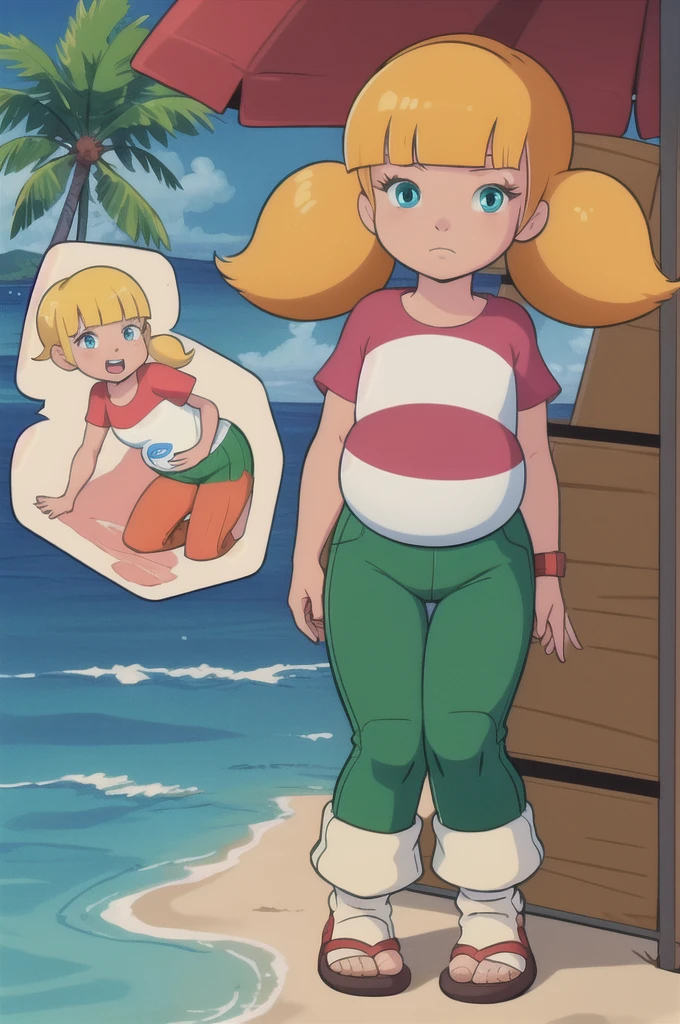 masterpiece, best quality, 1girl, penny, blonde hair, twintails, blunt bangs, blue eyes, red shirt, (white reinforced knee green pants),  looking at viewer, standing, full body, sea, sand, tropical island background, kindergartner, shota, hyper-pregnant 