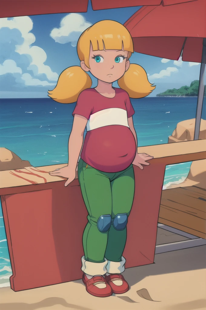 masterpiece, best quality, 1girl, penny, blonde hair, twintails, blunt bangs, blue eyes, red shirt, (white reinforced knee green pants),  looking at viewer, standing, full body, sea, sand, tropical island background, kindergartner, shota, hyper-pregnant 