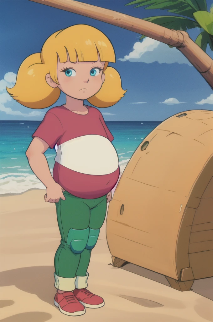 masterpiece, best quality, 1girl, penny, blonde hair, twintails, blunt bangs, blue eyes, red shirt, (white reinforced knee green pants),  looking at viewer, standing, full body, sea, sand, tropical island background, kindergartner, shota, hyper-pregnant 