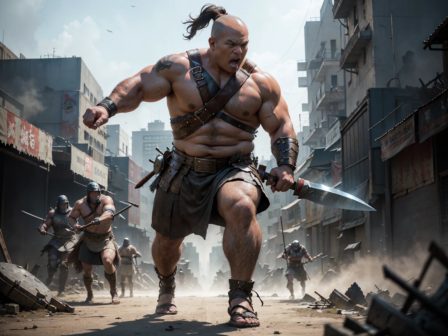 looking at us, Staring Intently, face focus, Bandit, Fat ferocious barbarian:2, This barbarian is a robust stocky Japanese, smirking, mid combat, intense battle scene, leather and iron armor, armored short skirt, holding a Viking War Axes, viking helmet, legs exposed from thighs to feet, fierce warriors, ancient battlefields, epic showdown, battleground background, masterpiece, volumetric lighting, Dramatic, Uighur the Warden, breathtaking action, dynamic poses, bald, ((ultra sharp)), ((masterpiece)), ((best quality)), ((ultra detailed)), ((intricate details)), Inguinal region detailed, Dilapidated, breathtaking action, destroyed city after big air raids, A desolate, post-apocalyptic cityscape, A brutal scene, lets out a yell, casting an ominous shadow,