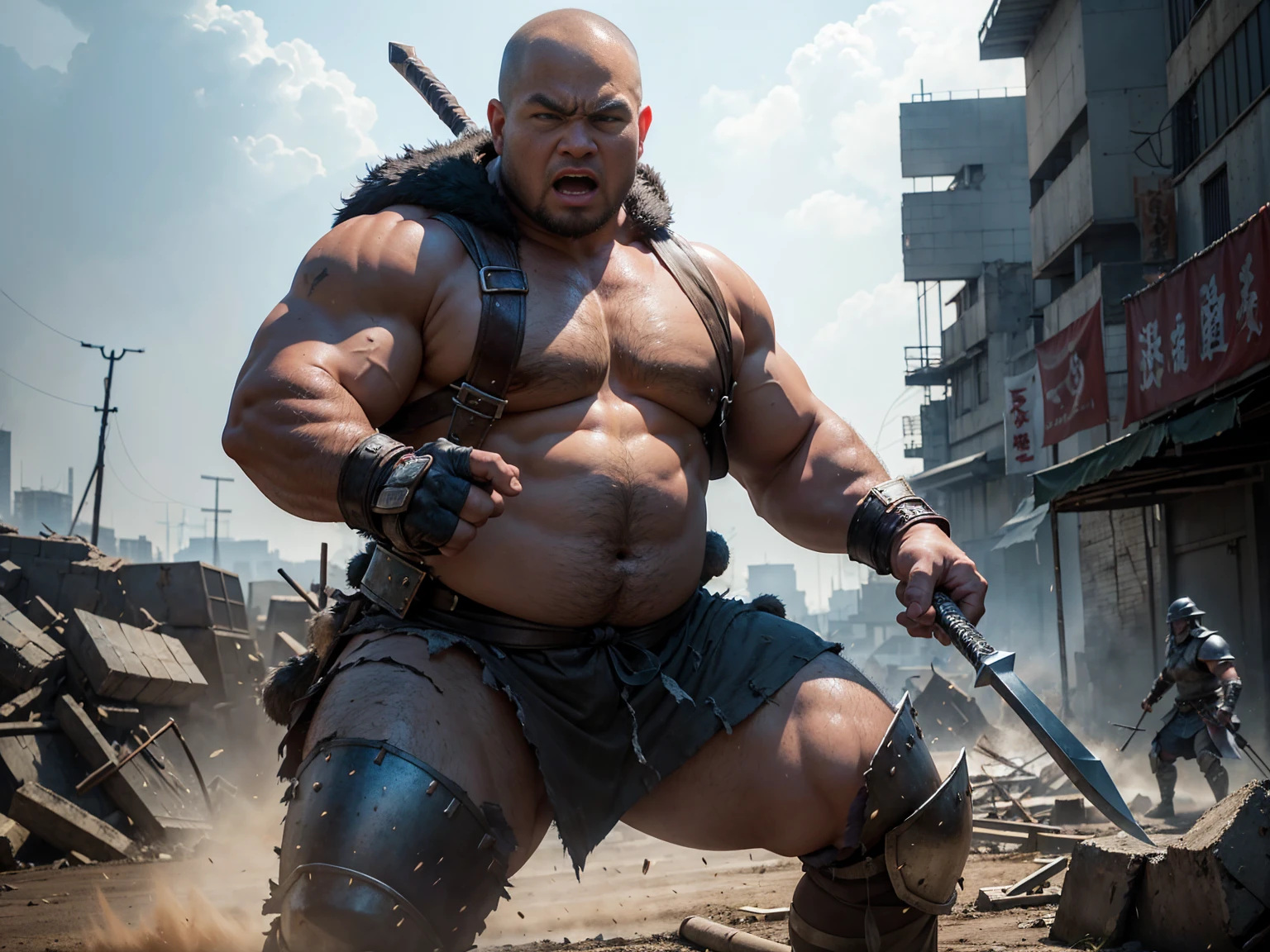 looking at us, Staring Intently, face focus, Bandit, Fat ferocious barbarian:2, This barbarian is a robust stocky Japanese, smirking, mid combat, intense battle scene, leather and iron armor, armored short skirt, holding a Viking War Axes, viking helmet, legs exposed from thighs to feet, fierce warriors, ancient battlefields, epic showdown, battleground background, masterpiece, volumetric lighting, Dramatic, Uighur the Warden, breathtaking action, dynamic poses, bald, ((ultra sharp)), ((masterpiece)), ((best quality)), ((ultra detailed)), ((intricate details)), Inguinal region detailed, Dilapidated, breathtaking action, destroyed city after big air raids, A desolate, post-apocalyptic cityscape, A brutal scene, lets out a yell, casting an ominous shadow, 