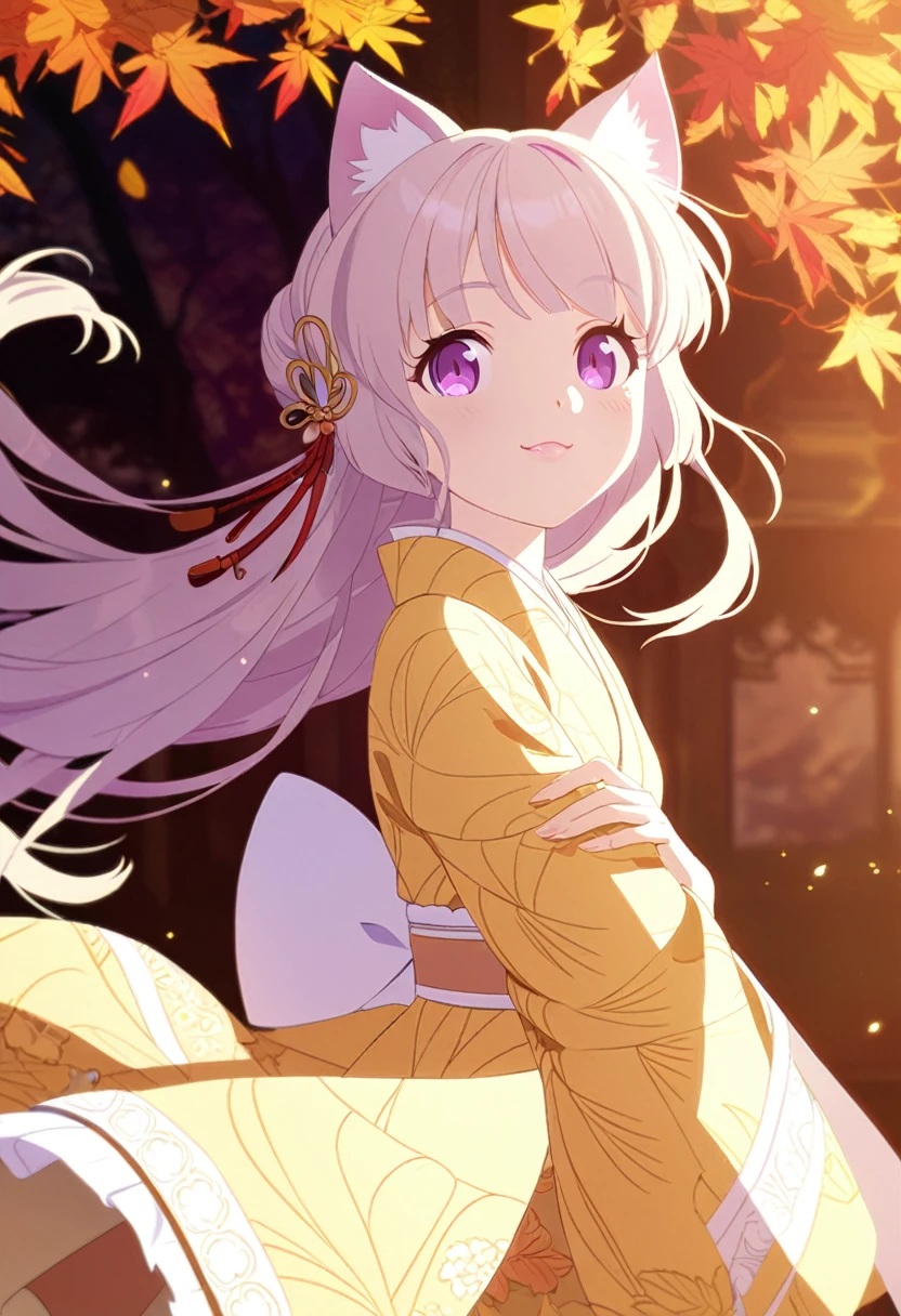 a cat girl, beautiful detailed purple eyes, cream colored hair, yellow kimono with autumn pattern, smiling, 1girl, 8k, vivid colors, natural lighting, cinematic, fantasy, digital painting, intricate details, elegant, graceful