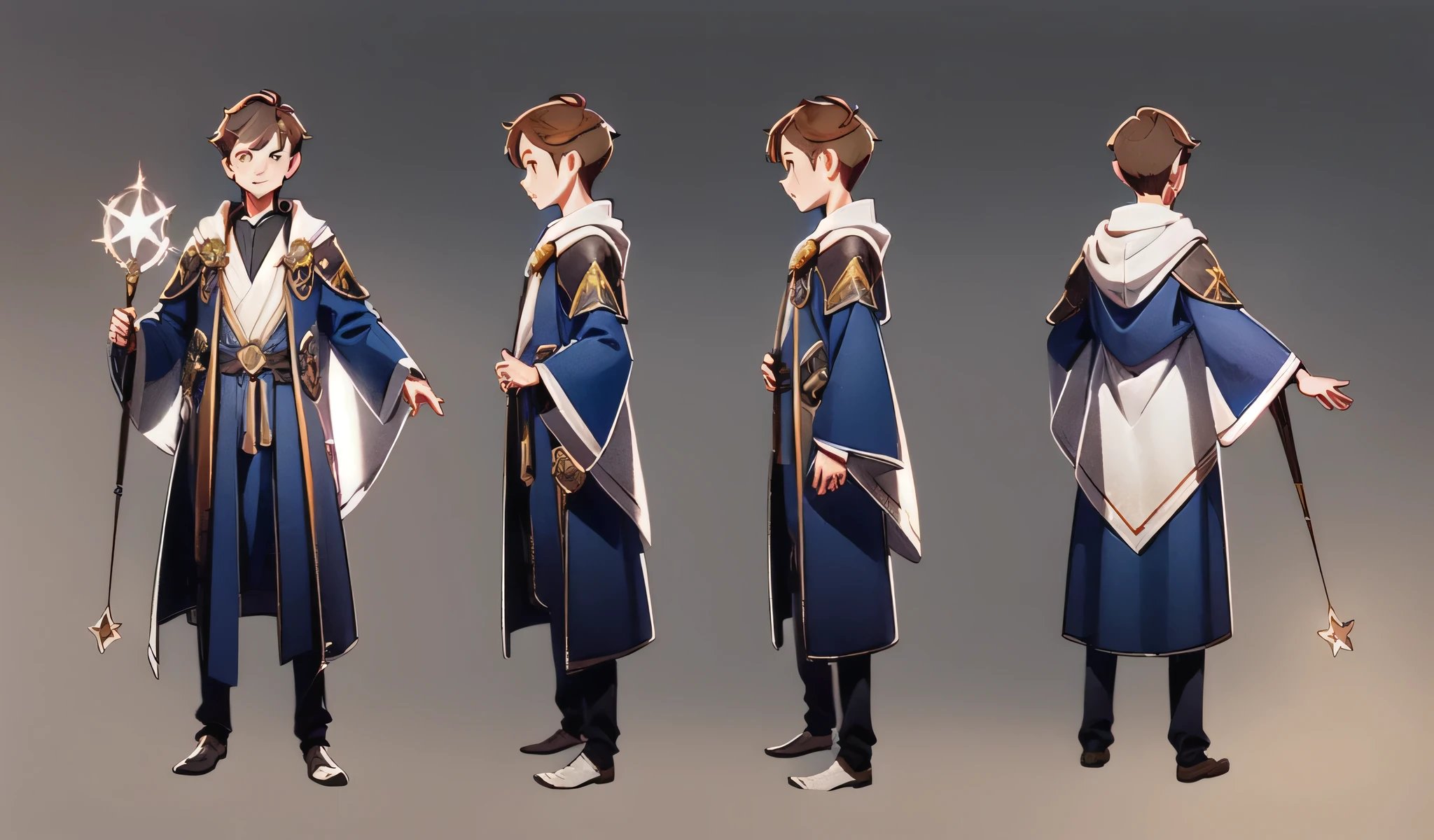 multi-angle, Front view, side view, Rear view, concept art, Magic character design, 1 Boy, brown hair, yes, short hair, Magic novels, whole body, Wizard robes ，Magic Star Wand Multiple Views,  Gray background, slope,