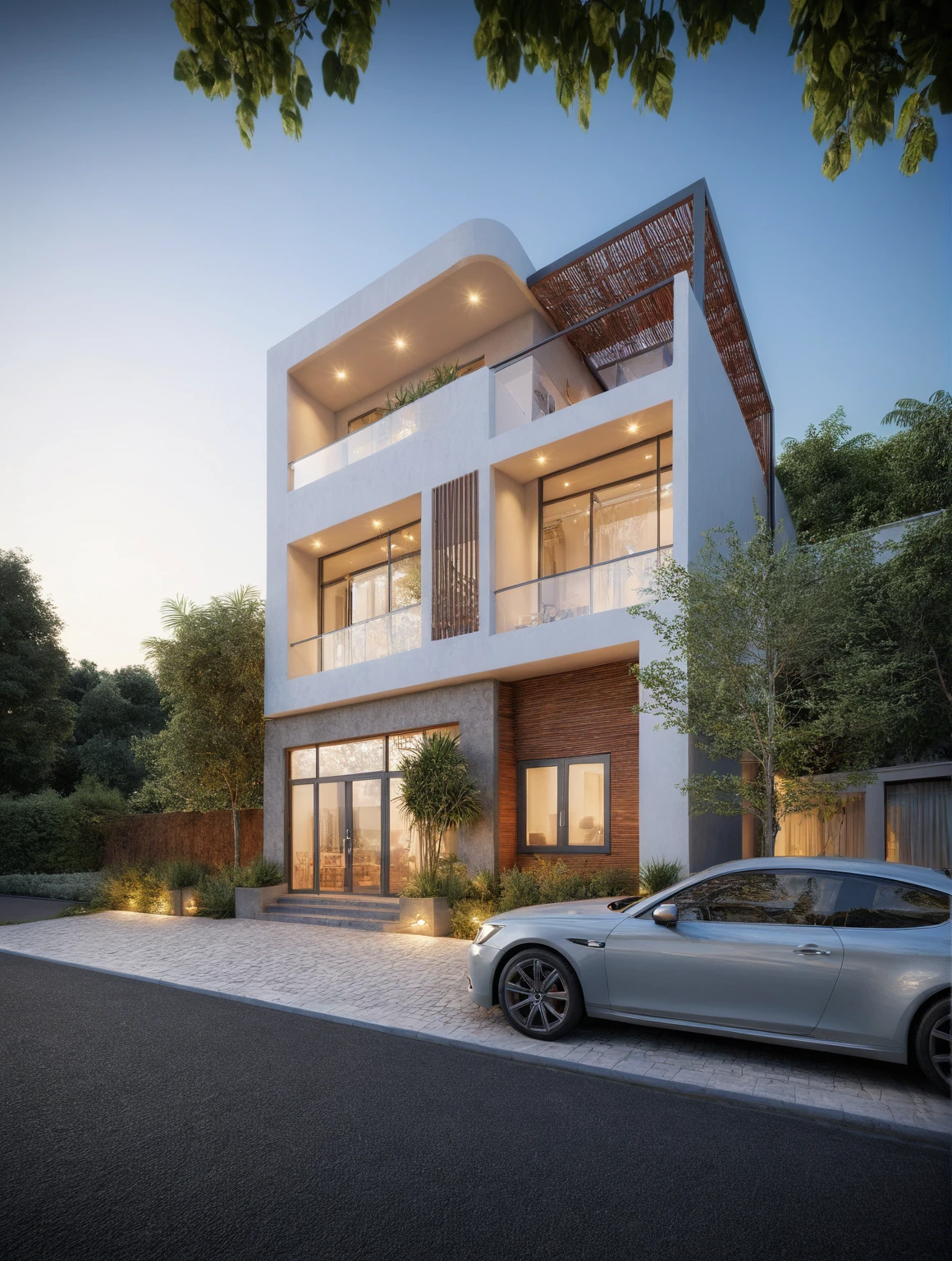 Modern villa, (modern style:1.2), exterior design, perspective view, (block sidewalks and asphalt roads), (next door neighbor's house), (day light sky background), Low trees around the house, overall peaceful atmosphere cinematic photo, (Neutral lighting is suitable for the modern villa, light color thermometer sun light 5500 KEVIN), hyperrealistic artï¼professional, 8k, highly detailed ï¼, (architectural design visualization), (reflection), (focus on object), (material normal bump real reflection), (scattered light), (hidden light) (light ray), (multi-beam light), (sunbeam) (multi-level reflection), (corona software visualization render:1.2),(((Best Quality))), ((Masterpiece)), ((best illustration)), ((best shadows)), ((Super Detail)), (Intricate lines), (Photorealism),(hyper detail), ((archdaily)), ((award winning design)), (dynamic light), ((day)), (perfect light), (shimering light), ((photorealistic)), ((intricate detail)), ((extreme detail)), ((science)), ((hyper-detail)), ((super detail)), ((super realistic)), ((crazy detail)), ((octane render)), ((Cinematic)), ((trending on artstation)), ((High-fidelity)), ((Viwvid)), ((Crisp)), ((Bright)), ((Stunning)), ((Eye-catching)), ((High-quality)),((Sharp))((Bright)), ((Stunning)), Natural, ((Eye-catching)), ((Illuminating)), ((Flawless)), ((High-quality)),((Sharp edge render)), ((medium soft lighting)), ((photographic render)), ((detailed archviz)), {real environment|spring setting|tropical style space}
