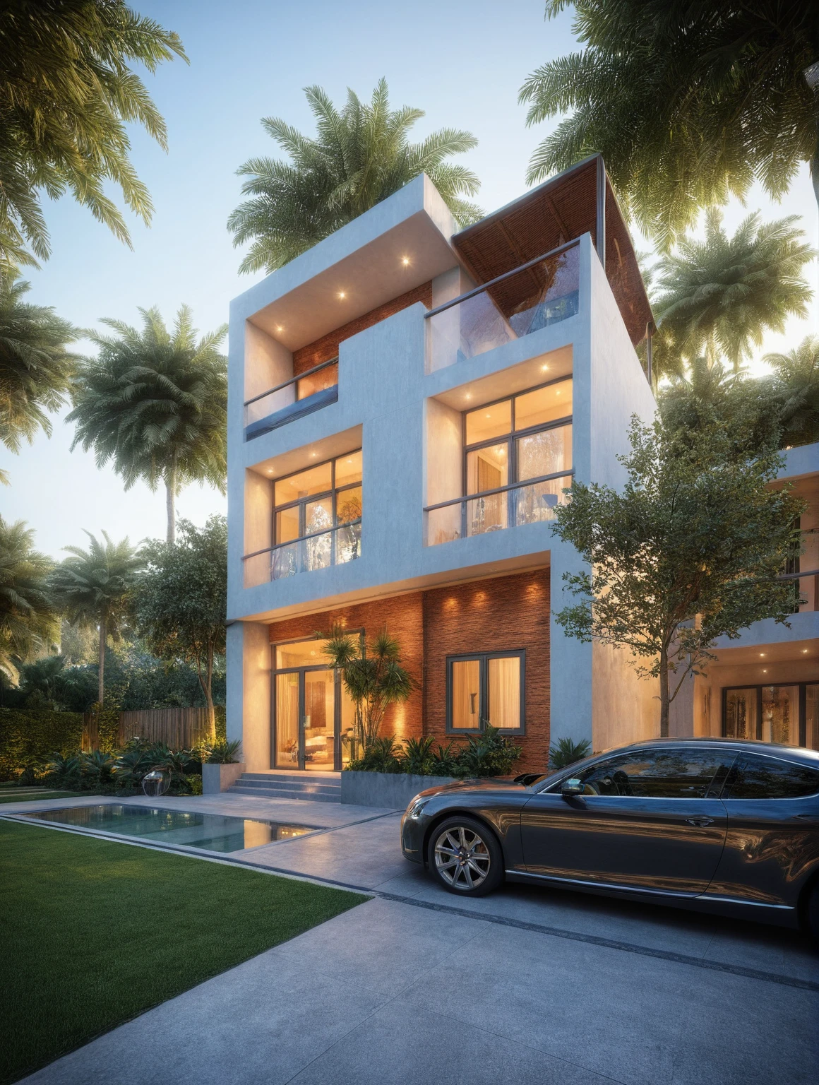 Modern villa, (modern style:1.2), exterior design, perspective view, (block sidewalks and asphalt roads), (next door neighbor's house), (day light sky background), Low trees around the house, overall peaceful atmosphere cinematic photo, (Neutral lighting is suitable for the modern villa, light color thermometer sun light 5500 KEVIN), hyperrealistic artï¼professional, 8k, highly detailed ï¼, (architectural design visualization), (reflection), (focus on object), (material normal bump real reflection), (scattered light), (hidden light) (light ray), (multi-beam light), (sunbeam) (multi-level reflection), (corona software visualization render:1.2),(((Best Quality))), ((Masterpiece)), ((best illustration)), ((best shadows)), ((Super Detail)), (Intricate lines), (Photorealism),(hyper detail), ((archdaily)), ((award winning design)), (dynamic light), ((day)), (perfect light), (shimering light), ((photorealistic)), ((intricate detail)), ((extreme detail)), ((science)), ((hyper-detail)), ((super detail)), ((super realistic)), ((crazy detail)), ((octane render)), ((Cinematic)), ((trending on artstation)), ((High-fidelity)), ((Viwvid)), ((Crisp)), ((Bright)), ((Stunning)), ((Eye-catching)), ((High-quality)),((Sharp))((Bright)), ((Stunning)), Natural, ((Eye-catching)), ((Illuminating)), ((Flawless)), ((High-quality)),((Sharp edge render)), ((medium soft lighting)), ((photographic render)), ((detailed archviz)), {real environment|spring setting|tropical style space}