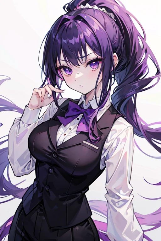 anime girl, dark purple hair, purple eyes with pink, pale skin, wearing a formal suit (white shirt with black vest),with a ponytail in her hair, elegant makeup, big breasts but not that big.