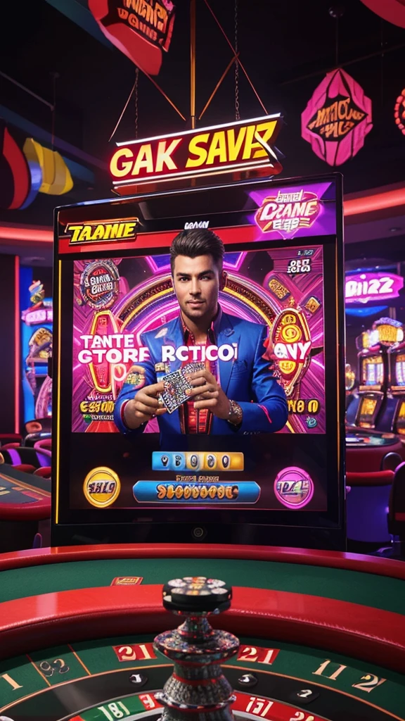 A vibrant and eye-catching poster for an online gambling platform. The design features a dynamic background with playing cards, poker chips, and dice flying through the air. At the center, a smartphone screen displays a digital casino interface, with slots, poker tables, and roulette wheels. Bold and flashy text reads "Join Now and Win Big!" and "24/7 Online Casino Action!" The colors are bright and engaging, with neon accents to draw attention. The overall style is modern and energetic, capturing the excitement of online gambling. Epic details, hyper detail, 8k, ultra sharp, UHD.