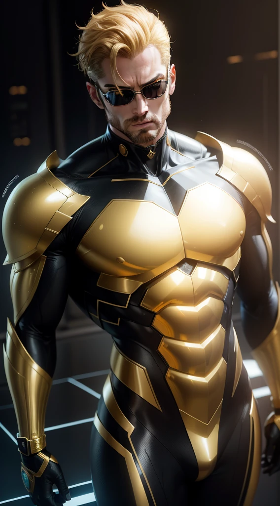 Model 1 - "Golden Brain": prompt: Creating realistic and technical NFTs from hardworking superheroes. This character is "Golden Brain". He primarily wears yellow and black metallic suits., With gold-tone details. As he works on a hologram of a complex mathematical formula, his expression reflects concentration and intelligence.。. The scene is lit by bright light, Emphasizing the metallic texture of the outfit and the reflection of the character's glasses.