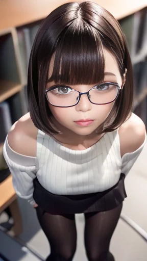  (Shot from above), Put your arms down, ((Shoulder-length straight bob hair:1.3)), (Black Hair:1.2),(Tearful face:1.2), (Adult female:1.4), 8k, Tabletop, RAW Photos, highest quality, Realistic, Very detailed, ((Very detailed肌)), (Leg Focus Shot:1.5), 20-year-old, (Medium chest:1.2),(Black mini skirt, Black realistic pantyhose,White knit sweater:1.4), (Standing in front of a desk in the library:1.2), Rimless Glasses