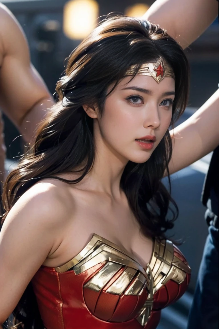 私はWonder Womanです、完璧なWonder Womanの衣装,押しDefeated,Defeated,A man mounts me,Face grabbed、Hug from the front,Hugged,Being strangled,You can hold it,Men lick my face with their tongues,The guys lick my head with their tongues,Men lick my hair with their tongues,My body is licked by men,sleeping face,Close ~ eyes,Open your mouth,Tired face,Face of Suffering,Being slapped in the face,Getting punched in the face,Fighting with men,Fight with the men,Surrounded by men,,Caught between the men,Being held back by men,Entanglement with males, Attacked by men,Brown Hair,  masterpiece、beautiful girl、fine 目、puffy eyes、highest quality, 超High resolution, (reality: 1.4), Cinema Lighting,so beautiful、Beautiful Skin、(超reality的な)、(High resolution)、(8k)、(Very detailed)、(beautiful and fine 目)、(Very detailed)、 Detailed face、Diagonal bangle hair、Brown Hair、20-year-old、Wonder Womanのコスプレ，Wonder Woman