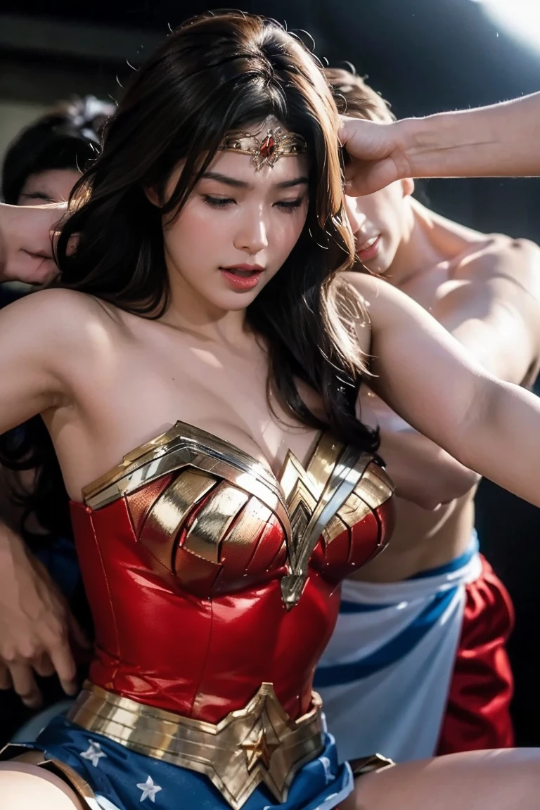 私はWonder Womanです、完璧なWonder Womanの衣装,押しDefeated,Defeated,A man mounts me,Face grabbed、Hug from the front,Hugged,Being strangled,You can hold it,Men lick my face with their tongues,The guys lick my head with their tongues,Men lick my hair with their tongues,My body is licked by men,sleeping face,Close ~ eyes,Open your mouth,Tired face,Face of Suffering,Being slapped in the face,Getting punched in the face,Fighting with men,Fight with the men,Surrounded by men,,Caught between the men,Being held back by men,Entanglement with males, Attacked by men,Brown Hair,  masterpiece、beautiful girl、fine 目、puffy eyes、highest quality, 超High resolution, (reality: 1.4), Cinema Lighting,so beautiful、Beautiful Skin、(超reality的な)、(High resolution)、(8k)、(Very detailed)、(beautiful and fine 目)、(Very detailed)、 Detailed face、Diagonal bangle hair、Brown Hair、20-year-old、Wonder Womanのコスプレ，Wonder Woman