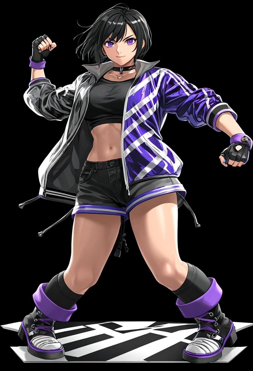 Tomboy girls, Sexy, Smart, Strong, muscular body, Tall Body, Short black hair, purple pupil eyes, black plain chokers, wear jacket, black Crop top, short black jeans, thick long black stocking, High black boots, fingerless black gloves, smile intimidate face, punching screen into crack front of her, black background, Tekken Art Style, Anime art style.