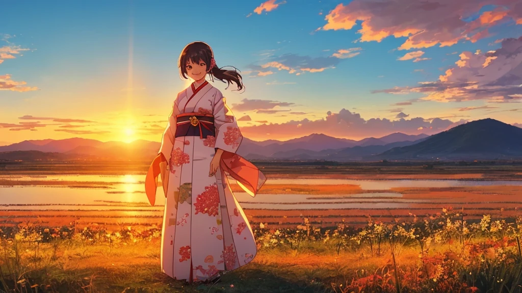 A flawless illustration, an anime-style illustration for Japanese music, a woman standing with a smile, a sunset landscape, vast nature