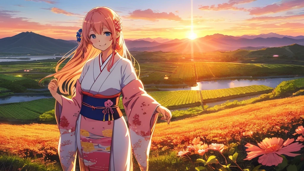 A flawless illustration, an anime-style illustration for Japanese music, a woman standing with a smile, a sunset landscape, vast nature
