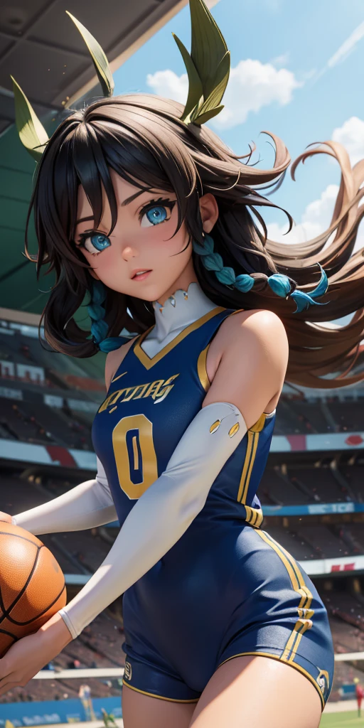 Masterpiece, anime CG, girl, beautful hair, wheat-colored skin, bodysuit, sports girl, wearing basketball uniform, smooth texture, silk texture, green pupils, perfect eyes