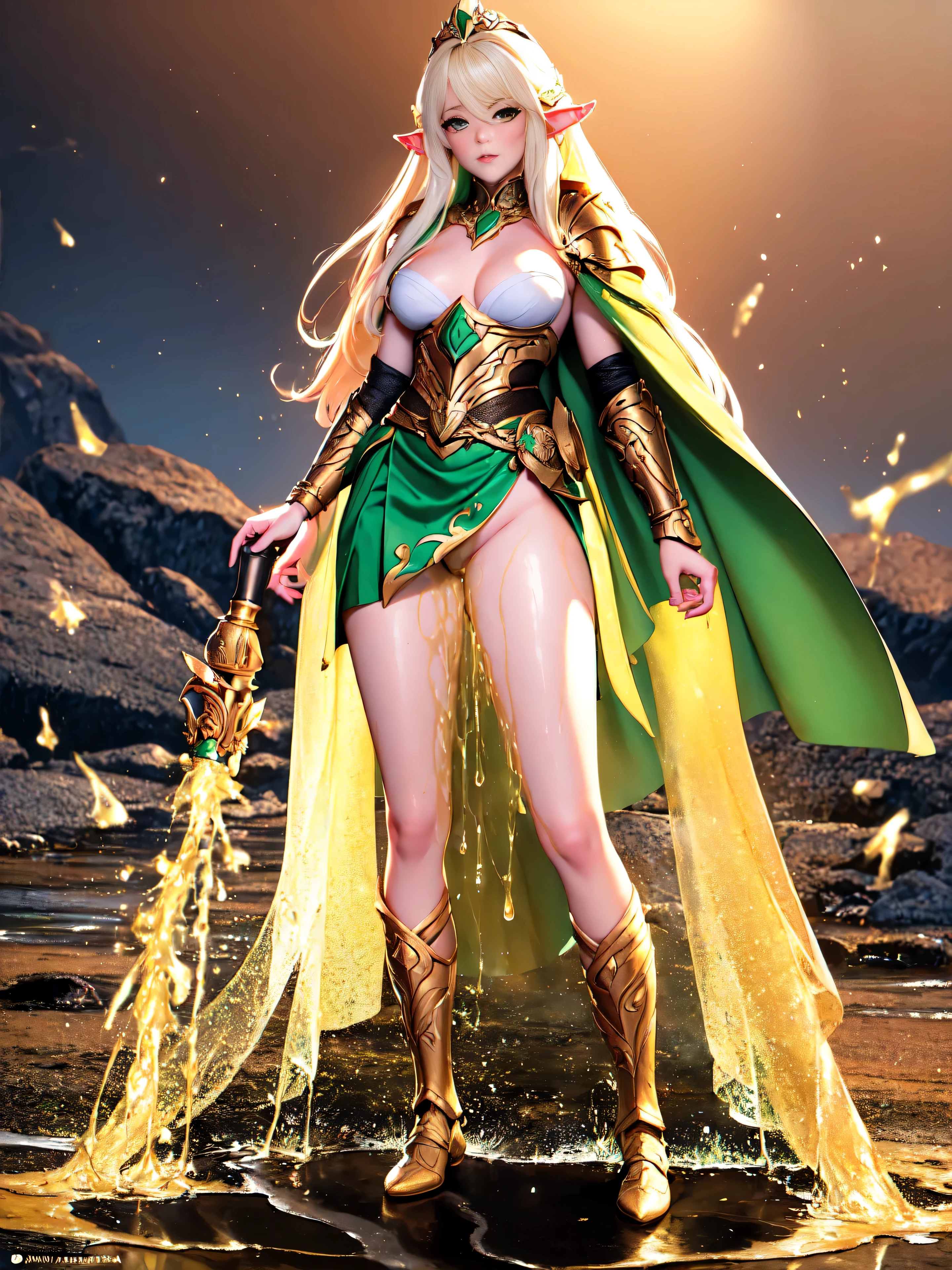 (masterpiece, clean, 8K, high res), pov, from front, full body portrait of a beautiful woman, extremely detailed face, slender body, narrow waist, bright golden hair, small breasts,  wearing intricate green and white armor, (chest armor) , elven torso armor, (green mini skirt), belt, cape, tiara,  , (legs apart), (showing panties:1.1)、(lifted skirt:1.2) , (white panties:1.3),  (standing on a rock: 1.2)、(peeing self:1.5), (pee running down legs), wet panties, wet pants, (pee spray falling between legs:1.5), (pee puddle:1.2), (droplets of yellow liquid on thighs and panties:1.5), (stream of yellow liquid falling between legs starting at subject crouch, (super beautiful)、(beautiful face:1.5), sunset lighting, deep shadows, mountain forest background,  an elven ranger with no bladder control 