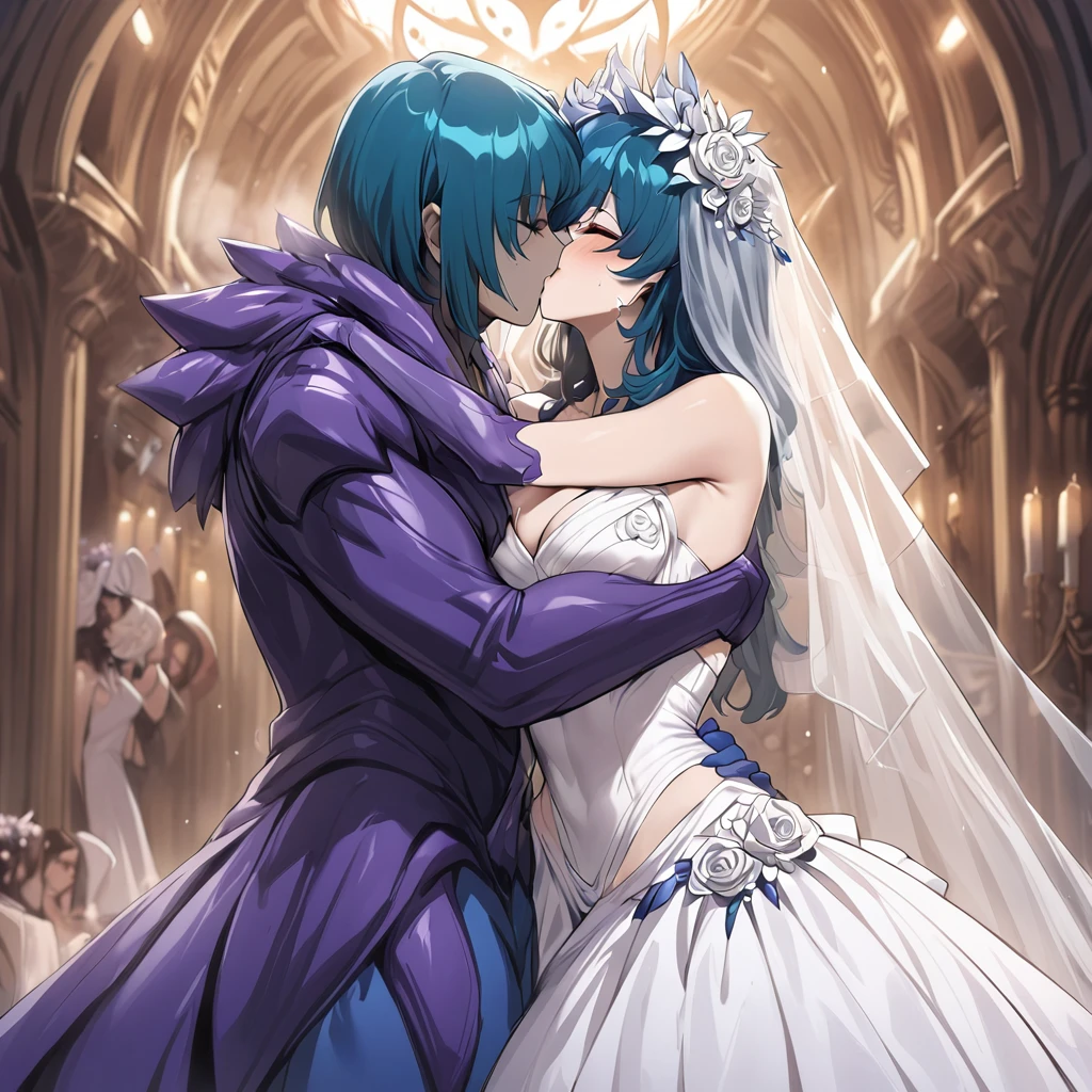 ((highest quality)), ((masterpiece)), (detailed), （Perfect Face）、The woman is an alien Mercury, wearing an alien wedding dress and an alien wedding veil, has short blue hair, and her body is completely alien, and is having a wedding with the Alien King.、The woman is happily embracing the powerful alien king, kissing him and getting married.