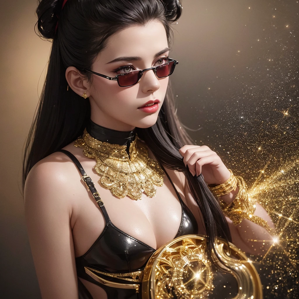 A hyperrealistic and detailed silhouette of a rockabilly woman wearing red sunglasses, immersed in a captivating rain of shimmering glitter. The glitter pattern blends black, gold, and sepia colors, creating a degraded and burnt photo-like aesthetic. The piece incorporates elements of digital art and illustration, with a touch of 3D rendering, evoking a mysterious and conceptual vibe. (LEO Alchemy V2-Leo Kino XL- Dynamic)