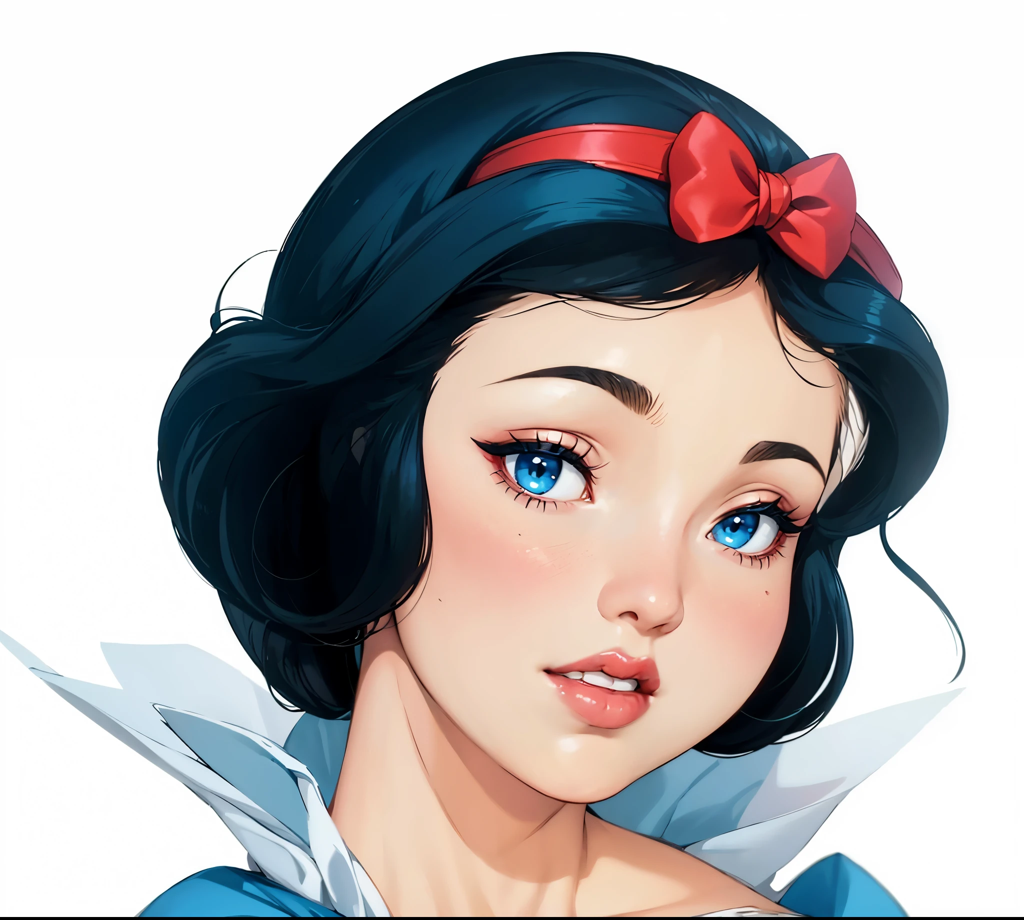 Branca de Neve, extremamente realista, muito linda, sexy, bunda grande, pernas grossas, She is a young princess with skin as white as snow, hair as black as ebony and lips as red as a rose. Wear a classic dress, com corpete azul e mangas bufantes decoradas com vermelho, plus a long yellow skirt. Your appearance is sexy and sensual, and she usually wears a red bow in her hair. 