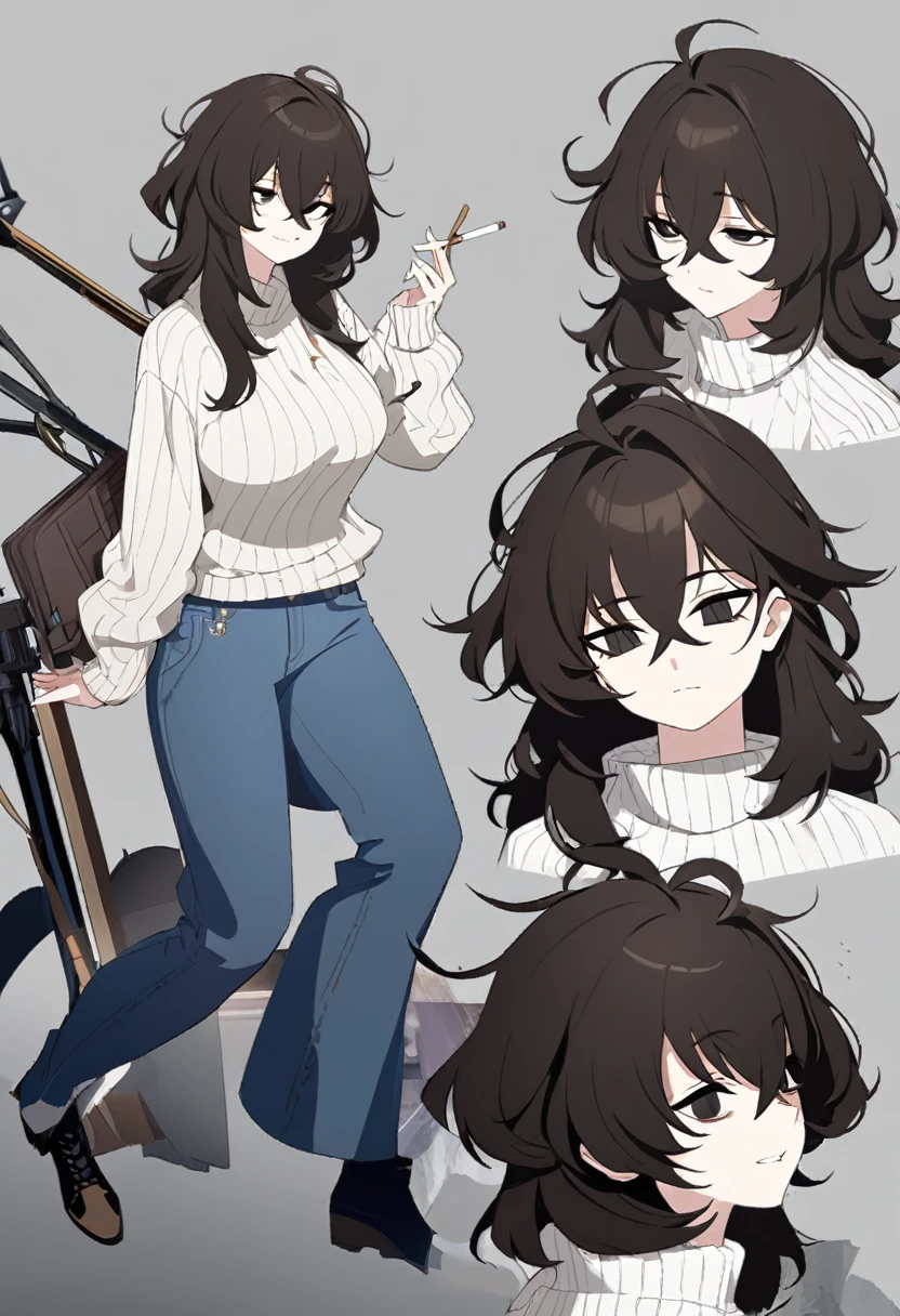 One Woman,Downer,older sister,Concept Art,Dark brown hair,Straight hair with slight inward curls,Staring eyes,Eye Ridge,black eye,Crossed bangs,whole body,smile,Larger breasts,Gray background,Bangs that reach down to the eyes,Messy hair,jeans,白いタートルネックsweater,Multiple views of the same character,Character Design,Dark circles under the eyes,Bad look,Listless,Sloppy,accessories,Arknights Wind,sweater,Cafe staff,Holding a cigarette,whole bodyCharacter Design,
