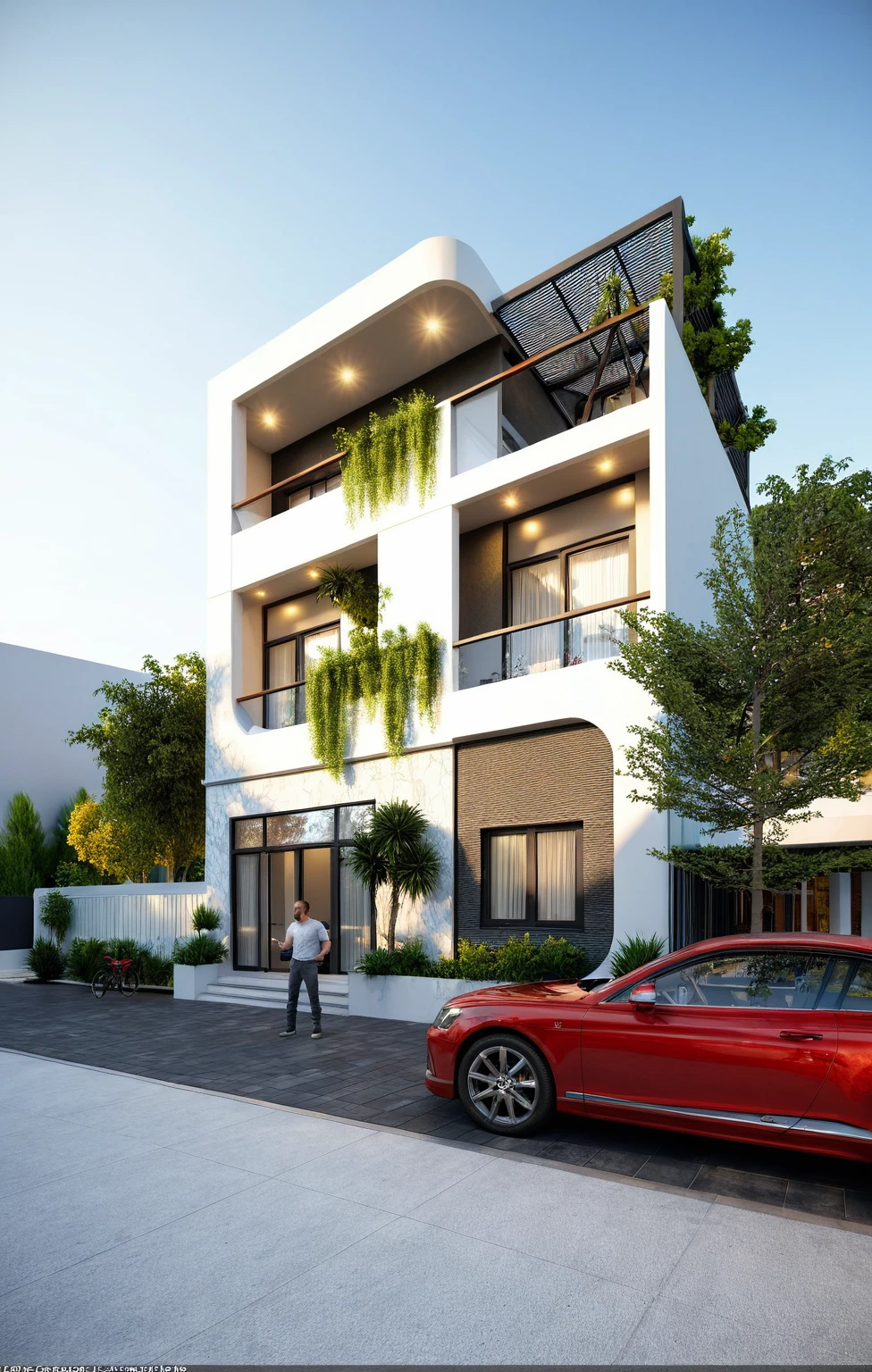 modern villa, modern style, exterior design, perspective view, white wall, (block sidewalks and asphalt roads), (next door neighbor's house), (sun light sky background), Low trees around the house, overall peaceful atmosphere cinematic photo, (Neutral lighting is suitable for the modern villa, light color thermometer sun light 5500 KEVIN), (architectural design visualization), (reflection), (focus on object), (material normal bump real reflection), (scattered light), (light ray), (multi-beam light), (sunbeam) (multi-level reflection), (chao vantge software visualization render),(((Best Quality))), ((Masterpiece)), ((best illustration)), ((best shadows)), ((Super Detail)), (Intricate lines), (Photorealism),(hyper detail), ((archdaily)), ((award winning design)), (dynamic light), ((day)), (perfect light), (shimering light), ((photorealistic)), ((intricate detail)), ((extreme detail)), ((science)), ((hyper-detail)), ((super detail)), ((super reality)), ((crazy detail)), ((octane render)), ((Cinematic)), ((trending on artstation)), ((High-fidelity)), ((Viwvid)), ((Crisp)), ((Bright)), ((Stunning)), ((Eye-catching)), ((High-quality)),((Sharp))((Bright)), ((Stunning)), Natural, ((Eye-catching)), ((Illuminating)), ((Flawless)), ((High-quality)),((Sharp edge render)), ((medium soft lighting)), ((photographic render)), ((detailed archviz)), Sunlight shines into the house, reality environment, spring setting, tropical style space, Aluminum gates, balcony doors, modern townhouse design windows