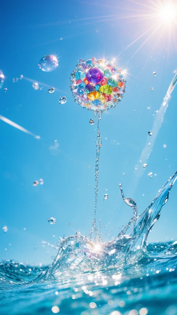 Official Art，8k wallpaper，colorful，Energetic，Details，Photography，Details，real，Summer Dream，Crystal clear water droplets，Dreamy lighting，The scattered water drops sparkle in the sun，HD，Details，Best quality，White popsicle
