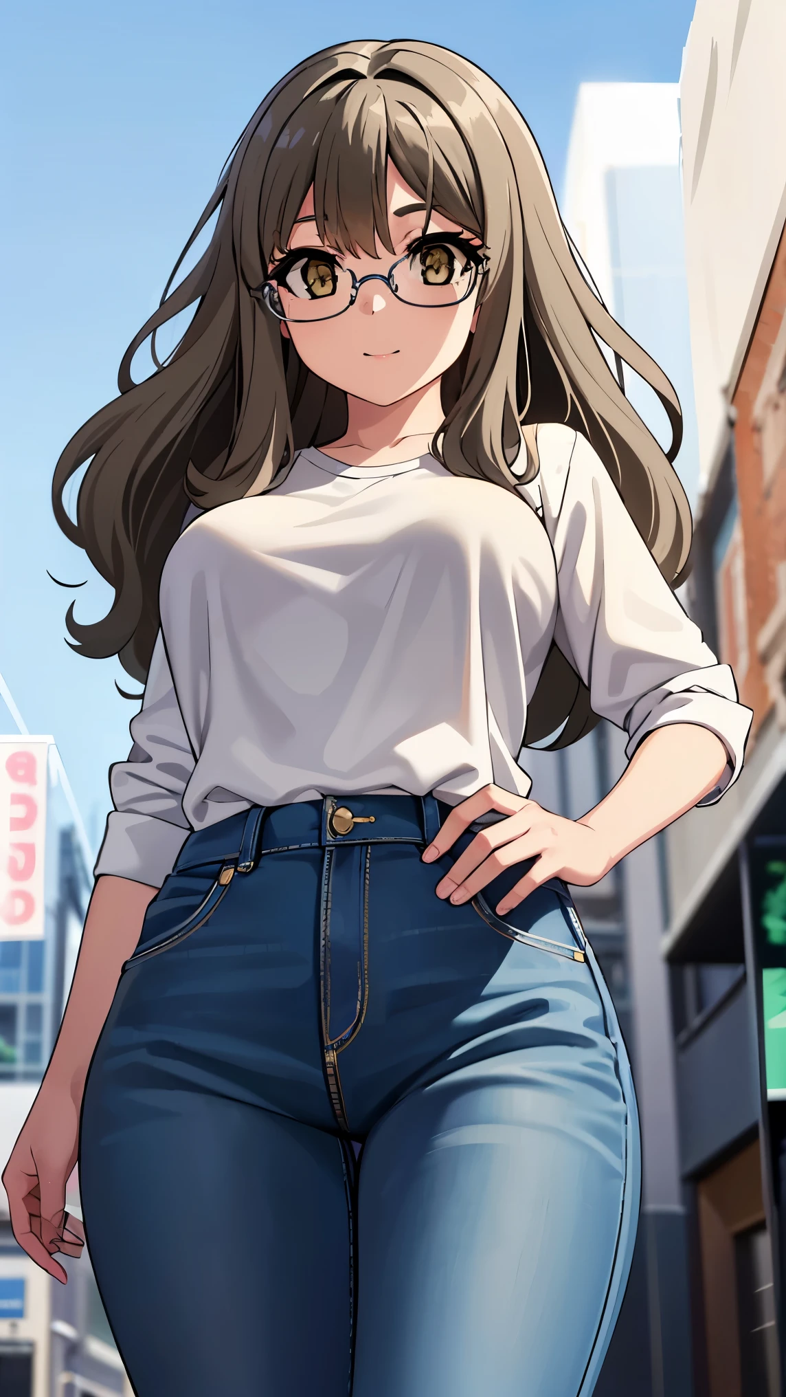 1 girl, alone,riofutaba, rio futaba, black-framed eyewear, (brown eyes:1.7), glasses, (grey hair:1.2), hair between eyes, over-rim eyewear, semi-rimless eyewear, long hair, sidelocks, smile, (pink blouse), white floral print, bare waist, tight blue jeans, outdoors, city, walking, from behind looking at viewer, pov(from below), masterpiece: 1.2), best Quality, high resolution, Unity 8k wallpaper, (artwork: 0.8), (beautiful detailed eyes: 1.6), extremely detailed face, perfect lighting, extremely detailed CG (perfect hands, perfect anatomy), large breasts, medium waist. , wide hips, medium thighs, round butt