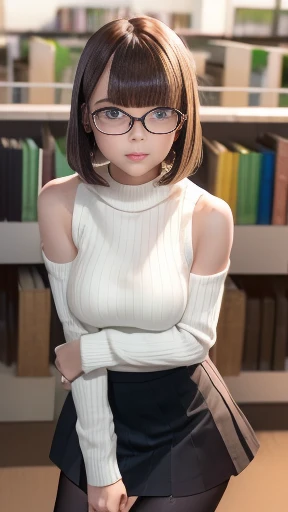 (Shot from below), Put your arms down, ((Shoulder-length straight bob hair:1.3)), (Black Hair:1.2),(Tearful face:1.2), (Adult female:1.4), 8k, Tabletop, RAW Photos, highest quality, Realistic, Very detailed, ((Very detailed肌)), (Leg Focus Shot:1.5), 20-year-old, (Medium chest:1.2),(Black mini skirt, Black realistic pantyhose,White knit sweater:1.4), White panties,(Standing in front of a desk in the library:1.2), Rimless Glasses
