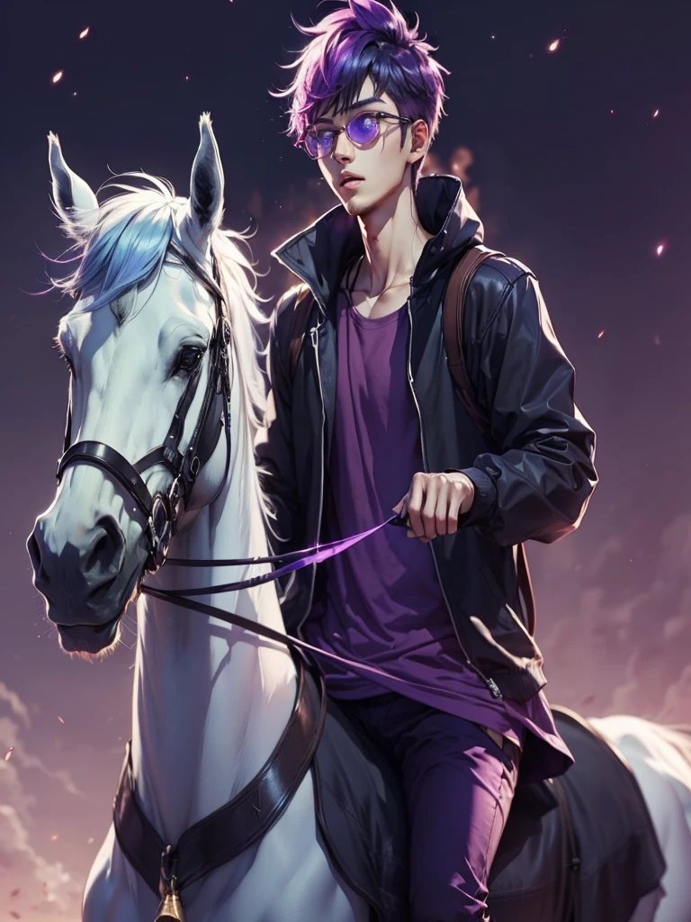 (anime man purple hair punk) (purple round glasses color crystal purple) (riding pure white magical unicorn horse white mane long unicorn Horn) (T-shirt purple Whit happy emoji) (pink aura lenses)
(Neon scar pink)