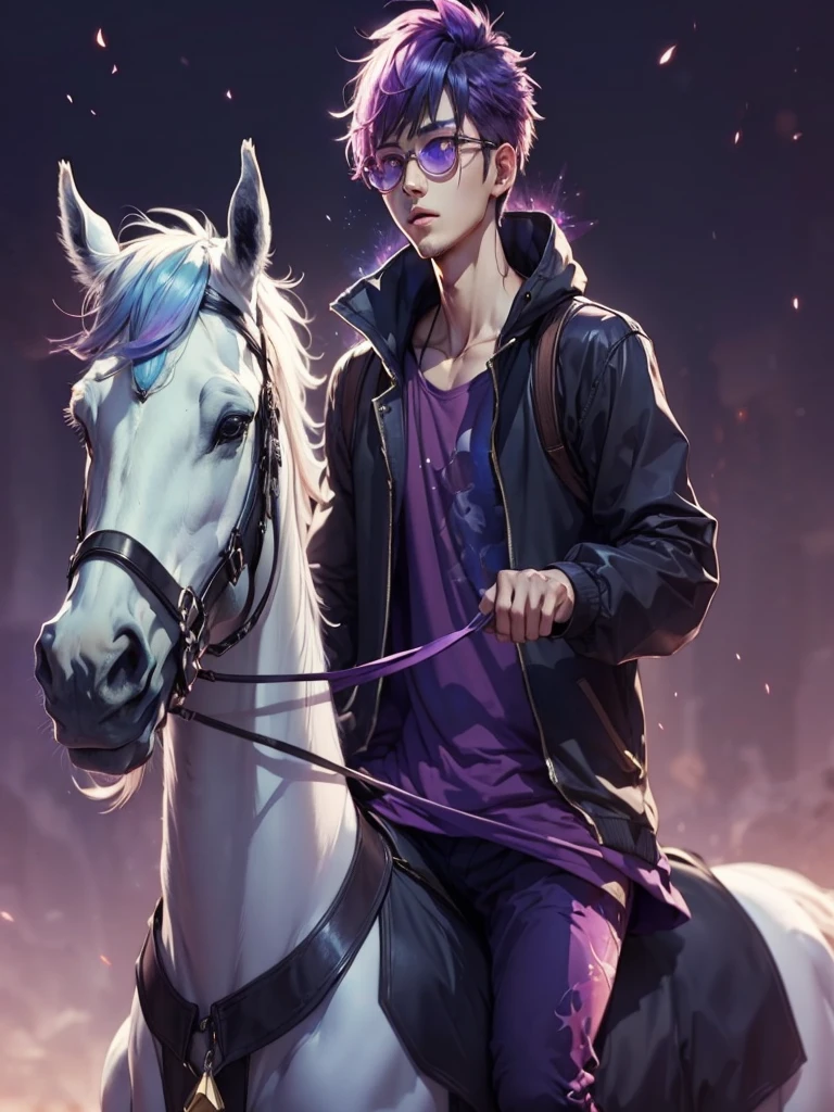 (anime man purple hair punk) (purple round glasses color crystal purple) (riding pure white magical unicorn horse white mane long unicorn Horn) (T-shirt purple Whit happy emoji) (pink aura lenses)
(Neon scar pink)