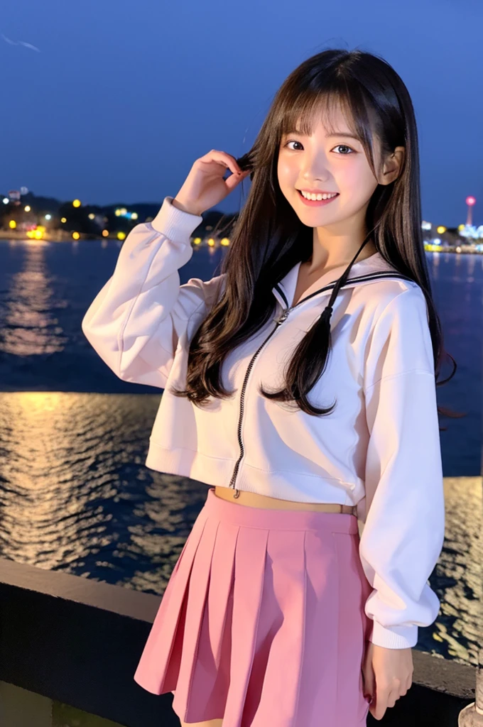 Image resolution 8K、masterpiece:1.3)、cute、1 girl、(魅力的なBody Type:1.2)、abdomen:1.1、Dark brown hairstyle:1.1、(Body Type:1.2)、Ultra-detailed face、Attractive lips、double eyelid、Ultra-realistic and detailed Japanese school girl in a white short-sleeved zippered sailor suit and pink skirt、日本人のcute女の子、10th Generation、 ()、Night view and large fireworks in the background、Breast Size: 82cm、Smiling with a nice smile、color々Hair style、Hair blowing in the wind、