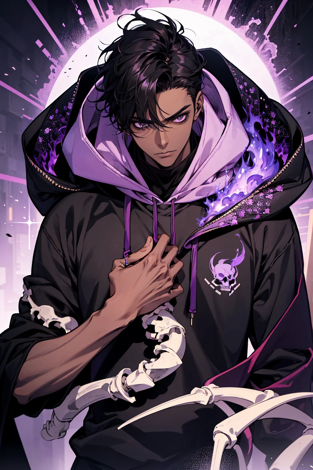 male with bones, looking away from camera, skulls, bones, handsome, black, dark skin, tall, broad shoulders, black hair, purple, purple fire, magic, detailed face, fantasy, hoodie
