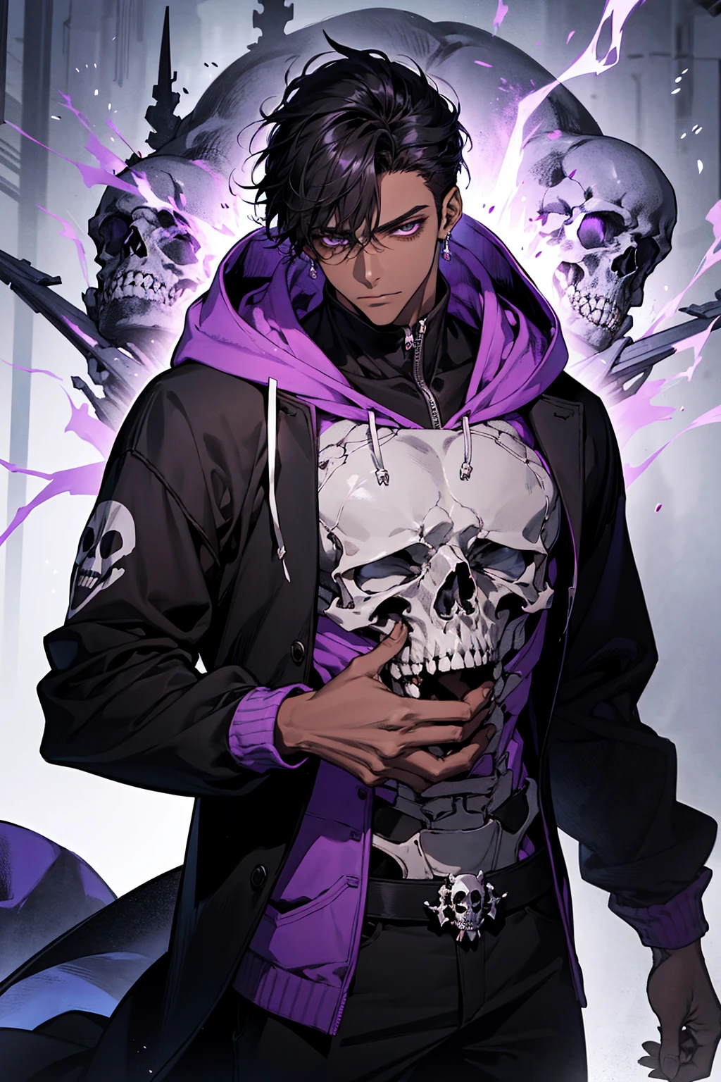 male with bones, looking away from camera, skulls, bones, handsome, black, dark skin, tall, broad shoulders, black hair, purple, purple fire, magic, detailed face, fantasy, hoodie
