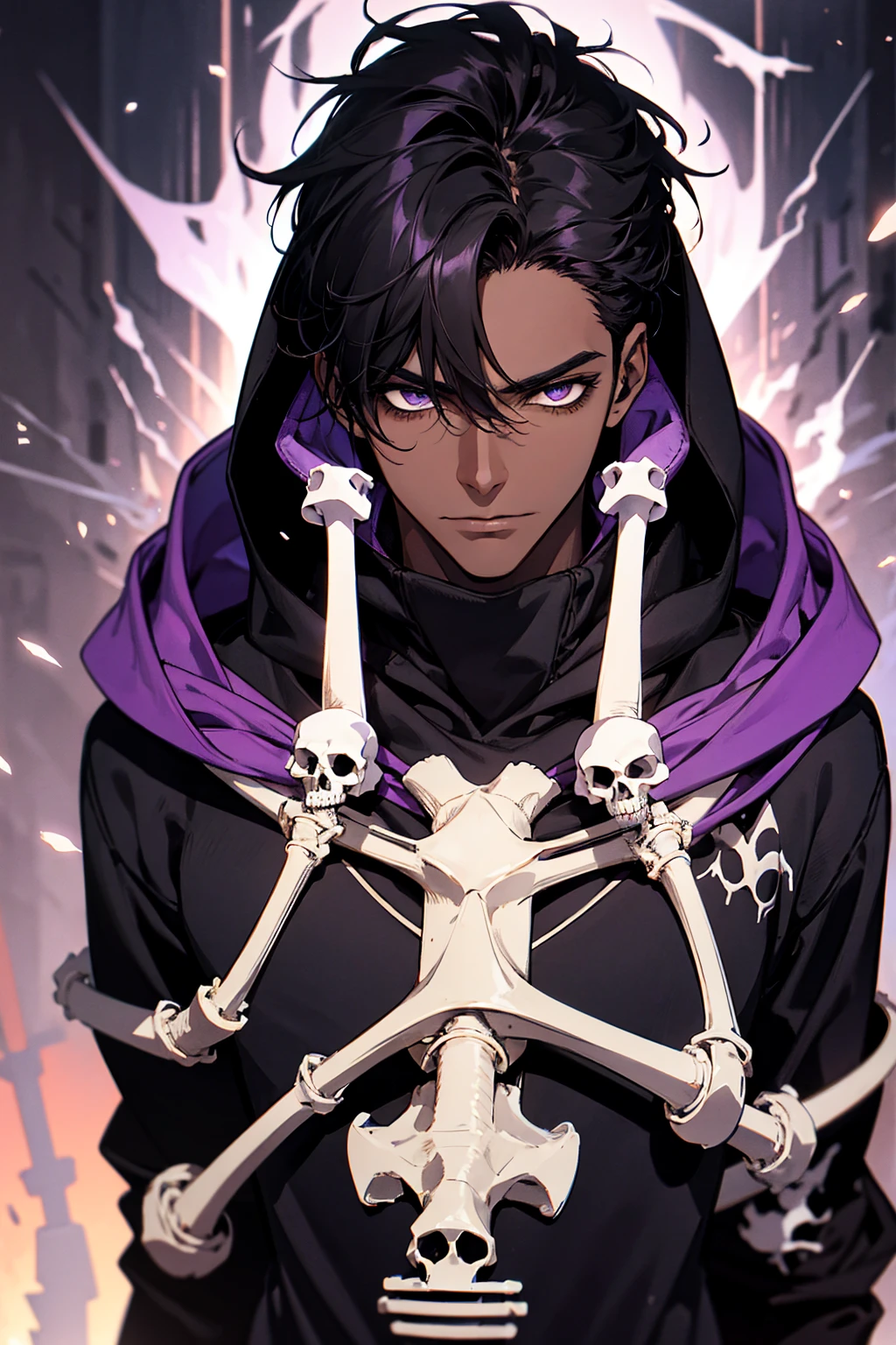 male with bones, looking away from camera, skulls, bones, handsome, black, dark skin, tall, broad shoulders, black hair, purple, purple fire, magic, detailed face, fantasy, hoodie