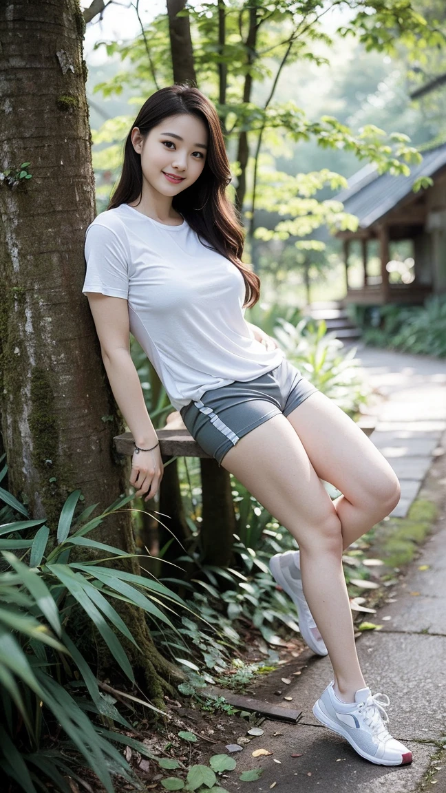 masterpiece, best quality, Surreal, Ultra Detailed, 8k resolution, RAW photos, Clear focus, (A girl in the forest), ((light gray shirt:1.1)),  Short sleeve, sports Shorts,Full body posture, Solitary, Perfect body, Become a, 32 inches in the chest,(a charming smile:1), (sexy pose)，26 years old, light,White shoes