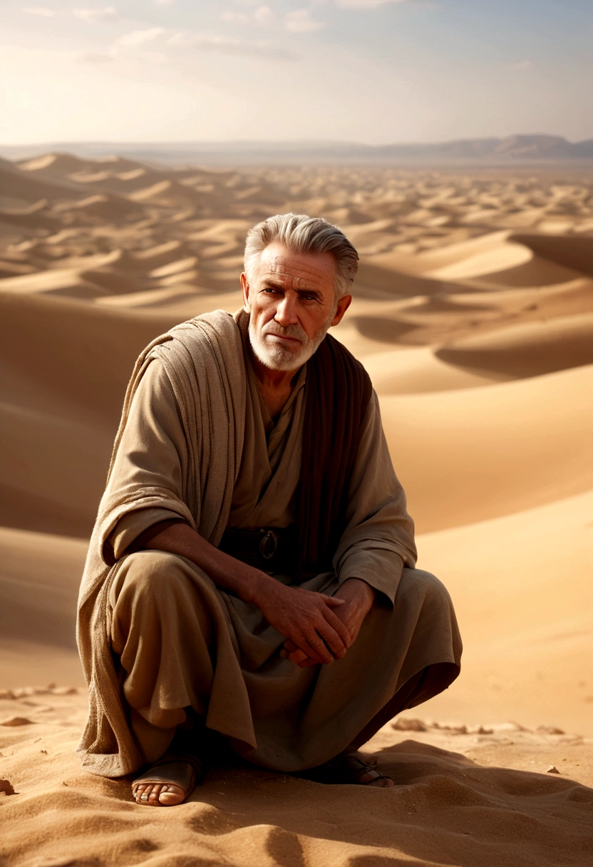 Abraham in the desert, Desert Israelites々. Cinema Lighting, Depth of written boundary, Bokeh, realism, Realistic, hyperrealism, Professional photography, 超High resolution, Digital SLR, High resolution