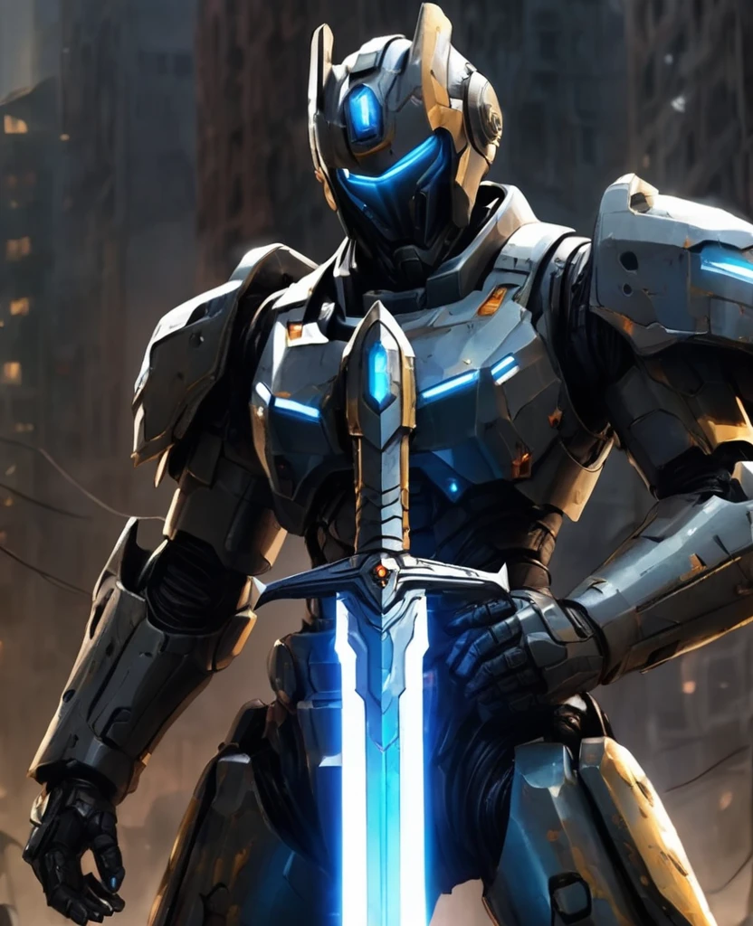Mech Warrior,The shining holy sword,The background is a war-torn city,