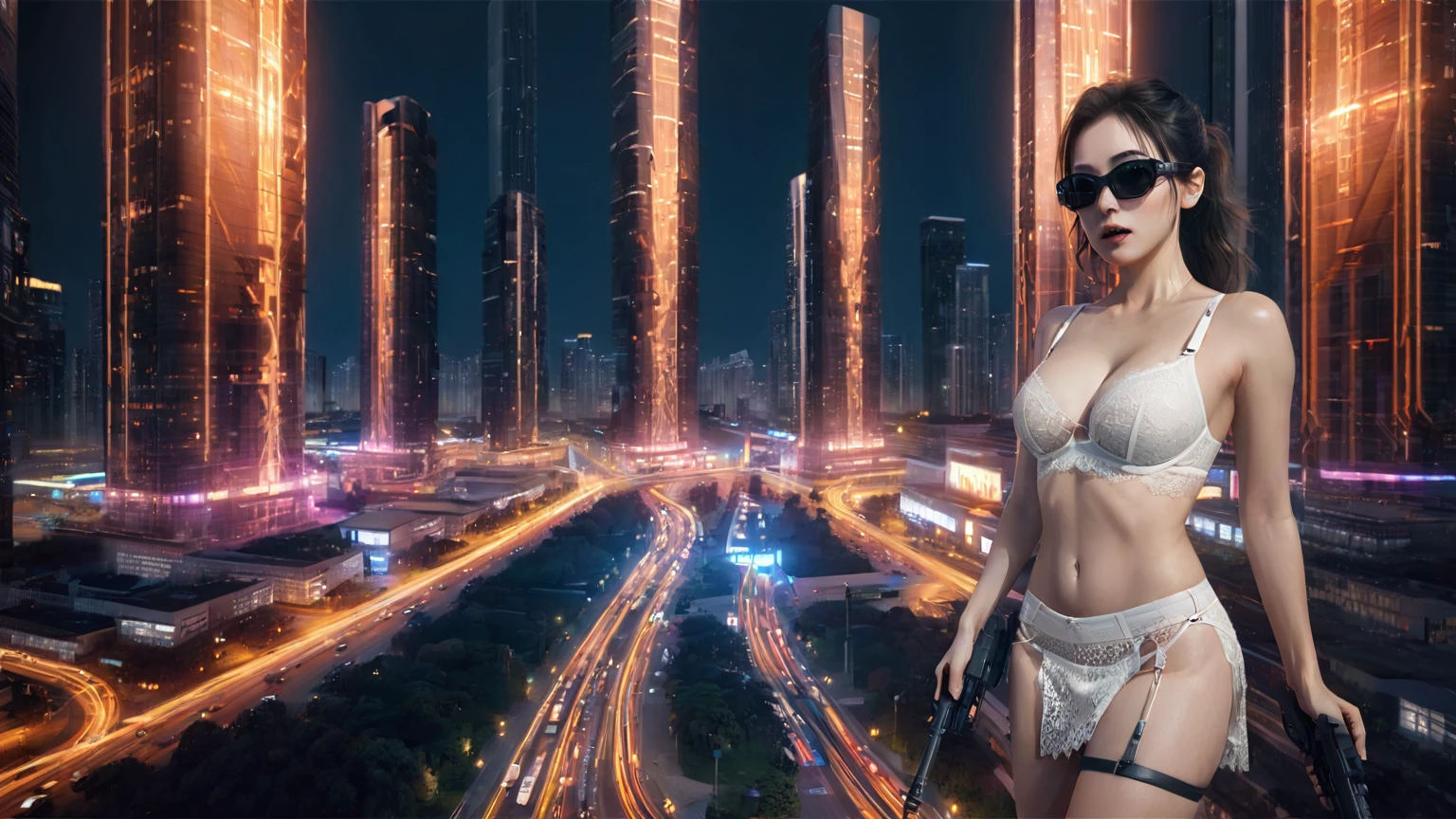 UE 5, computer render, Rendered by Octane, (8K, tmasterpiece), (realistically, Photo degree:1) luminescent concept art, (((((aerial view))))) of Cyberpunk city scene, ((Surreal circuit architecture)), (((((supercars street racing, 1 drone))))). Matrix style, (((((Matrix cascading code))))), (((((a futuristic twin tower skyscraper with a unique twisted design))))), (((((OLED GUI interfaces in the building))))), at night, (((((1girl, solo))))), photo realistic, (((large-breast:1.2 slim body, cleavage))), (((off broken mini sling-shirt and black lace sling bra, extreamly short pleated lace miniskirt exposing panty))), (((((running pose))))), (((((((matrix style black sunglasses))))))), ((((((((((aiming with a short gun)))))))))), (((((looking at camera))))), (((very low view))), (((((half-body thigh level medium shot))))), (((cinematic lighting))).