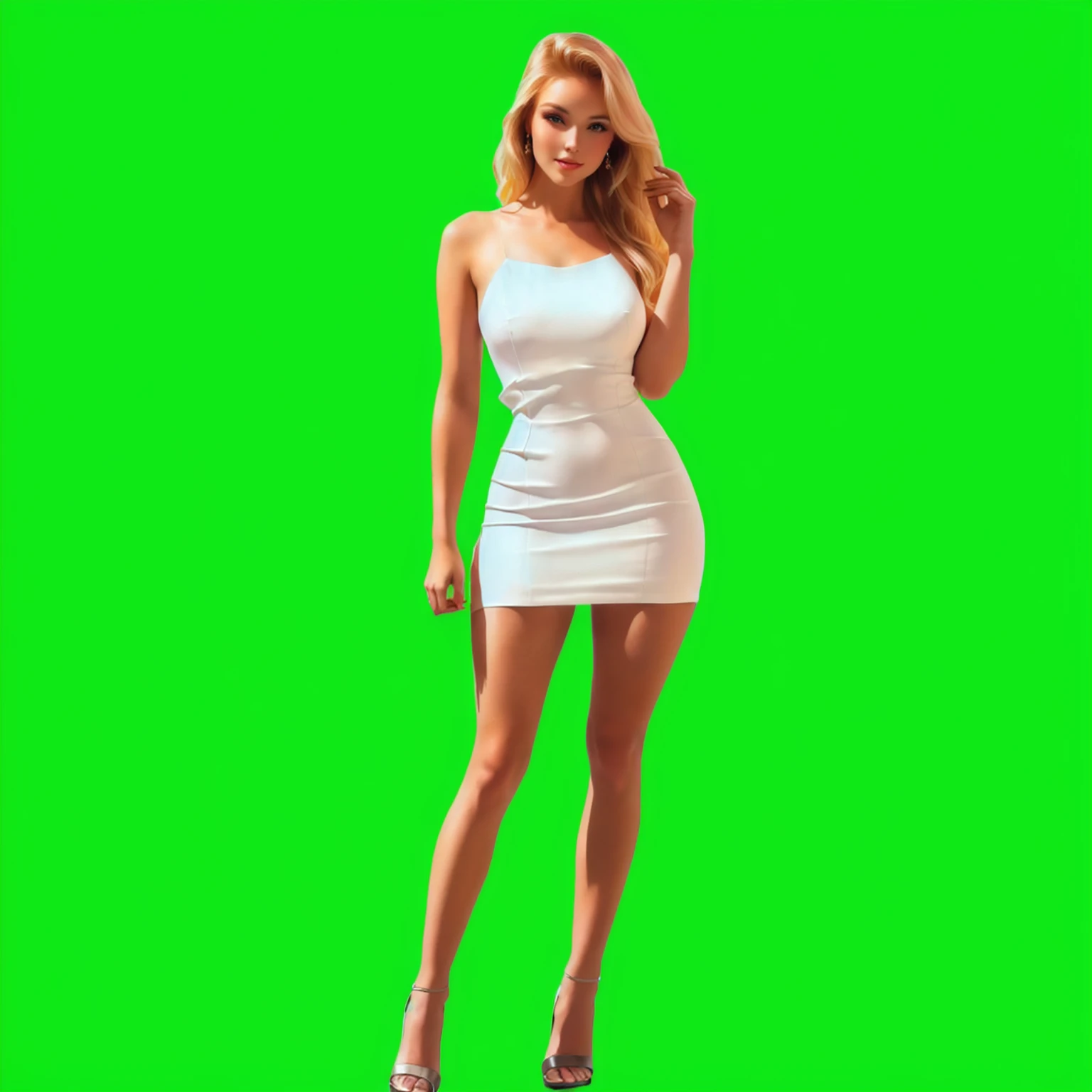 A woman in a white dress is posing for a photo, Green Screen background, Model standing, Full body white dress, full body shot 4k, full body green dress, Background removed, Barbara Hammer 4k, Green Screen, skinTights, Elegant standing posture, Realistic perfect body, 4K', Wearing high heels and a white dress, Tights