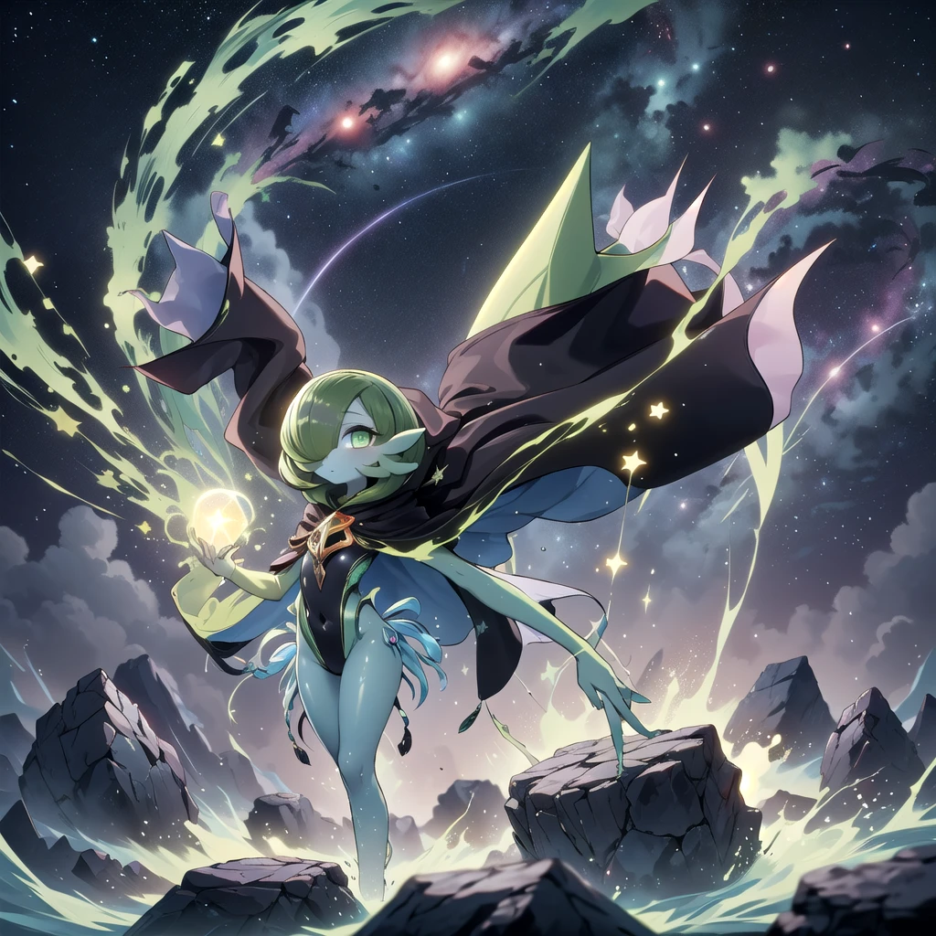 AcidMagic , fantasy , cosmic aura, best quality, (Masterpiece) , simple background , full body , dynamic pose, ((cosmic stars black hair)), (cosmic stars blue skin) , ((solo)), ((black cloak)), hair over one eye, multicolored skin, pokemon \(creature\), green eyes, short hair, two-tone skin, (black cosmic skin) , cloudy sky, wide shot, glowing eyes, floating object, rocks, gardevoir, ((very Long hair)), ((facing the viewer))