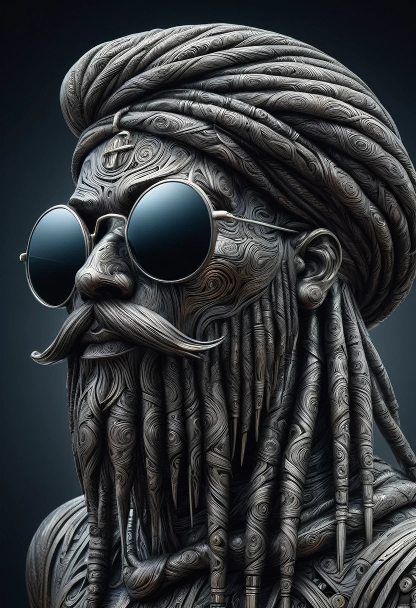 Retro-Futuristic Sculpture Made from Thousands of Blocks of Acid-Etched Damascus Steel, 3D floating head of a Rastafarian, View from the side, return, look up, Full head of dirty braids, (pilot, Mirror Sunglasses:1.2), A dreadlocked beard, Damascus pattern, cold steel, Backlight, High reflectivity, dark gradient background, Volumetric Fog