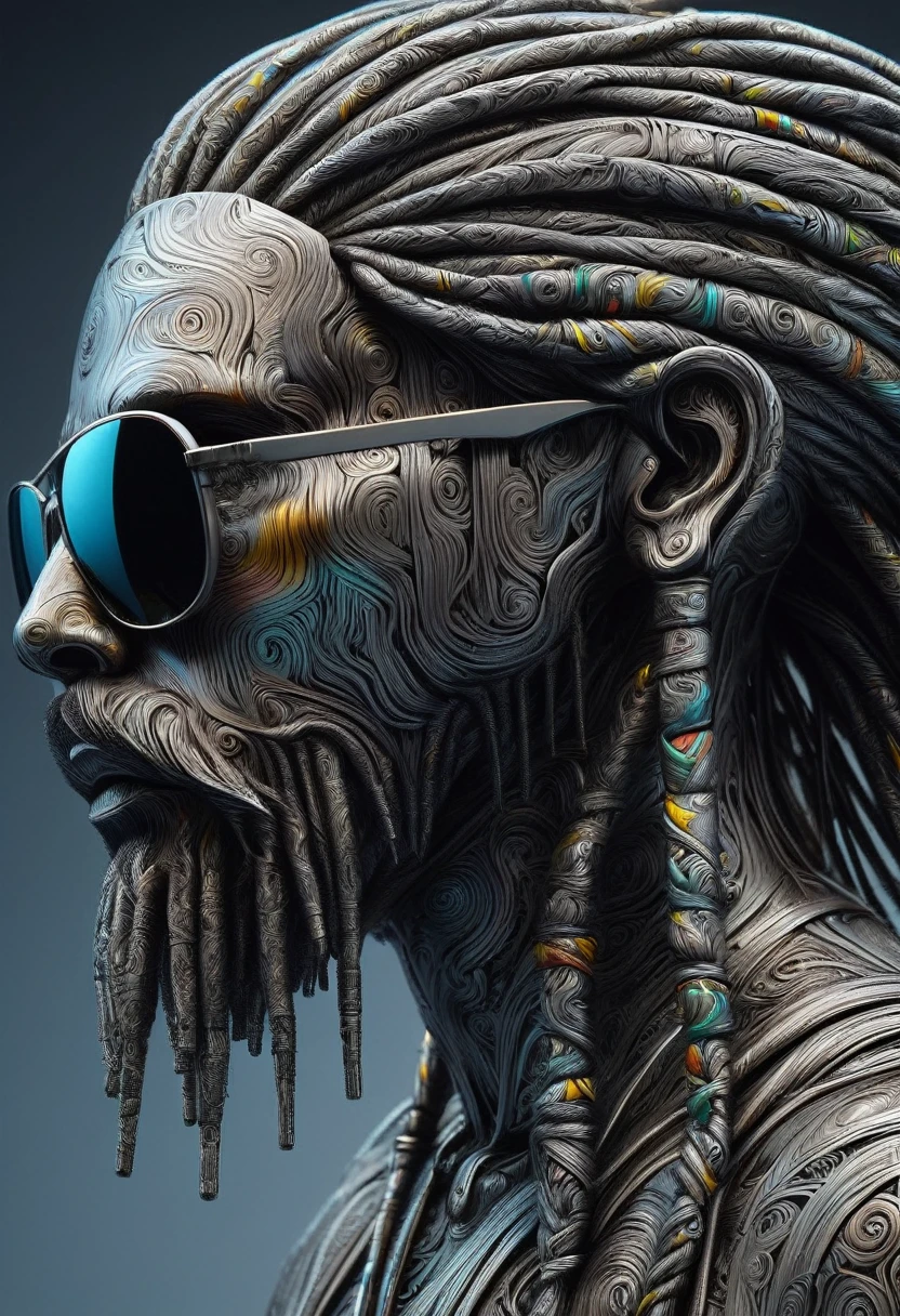 Retro-Futuristic Sculpture Made from Thousands of Blocks of Acid-Etched Damascus Steel, 3D floating head of a Rastafarian, View from the side, return, look up, Full head of dirty braids, (pilot, Mirror Sunglasses:1.2), A dreadlocked beard, Damascus pattern, cold steel, Backlight, High reflectivity, dark gradient background, Volumetric Fog