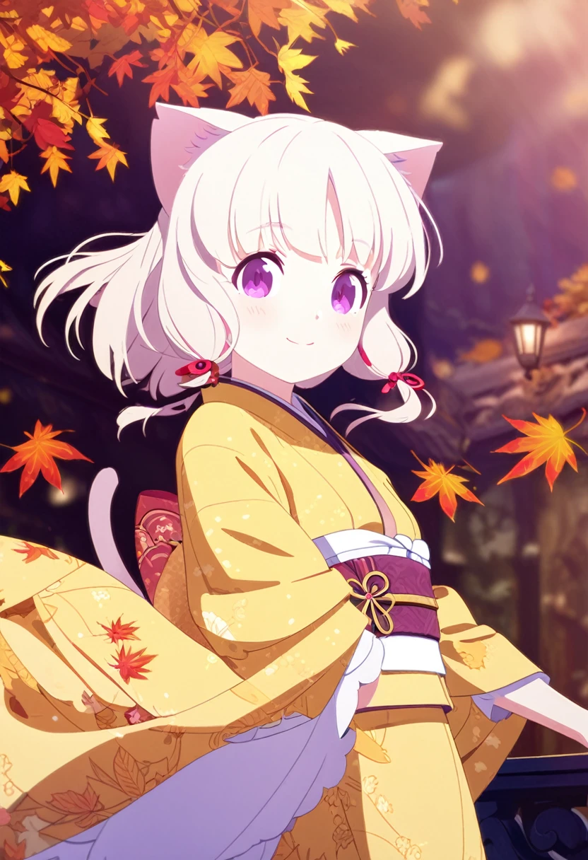 A litte cat girl, beautiful detailed purple eyes, cream colored hair, yellow kimono with autumn pattern, smiling, 1girl, 8k, vivid colors, natural lighting, cinematic, fantasy, digital painting, intricate details, elegant, graceful