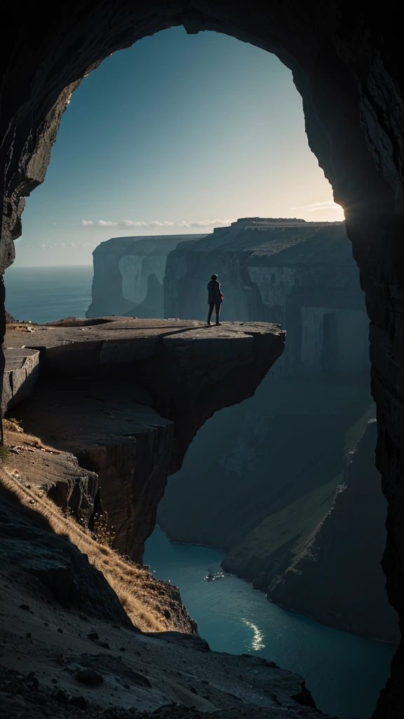 A poignant image of a man standing at the edge of a chasm that separates him from paradise. On the other side, paradise is depicted as a land of light, beauty, and peace, with vibrant colors and serene landscapes. The man reaches out desperately, but the chasm is too wide to cross. His side of the chasm is dark and barren, symbolizing his isolation and the consequences of his actions. The lighting emphasizes the stark contrast between the two realms, highlighting his regret and longing. Epic details, hyper detail, 8k, ultra sharp, UHD.