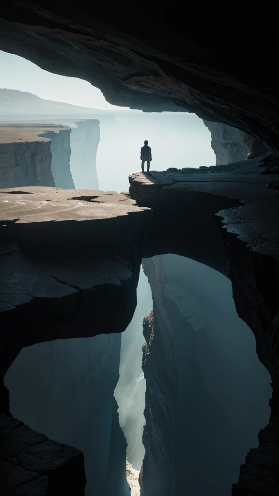 A poignant image of a man standing at the edge of a chasm that separates him from paradise. On the other side, paradise is depicted as a land of light, beauty, and peace, with vibrant colors and serene landscapes. The man reaches out desperately, but the chasm is too wide to cross. His side of the chasm is dark and barren, symbolizing his isolation and the consequences of his actions. The lighting emphasizes the stark contrast between the two realms, highlighting his regret and longing. Epic details, hyper detail, 8k, ultra sharp, UHD.
