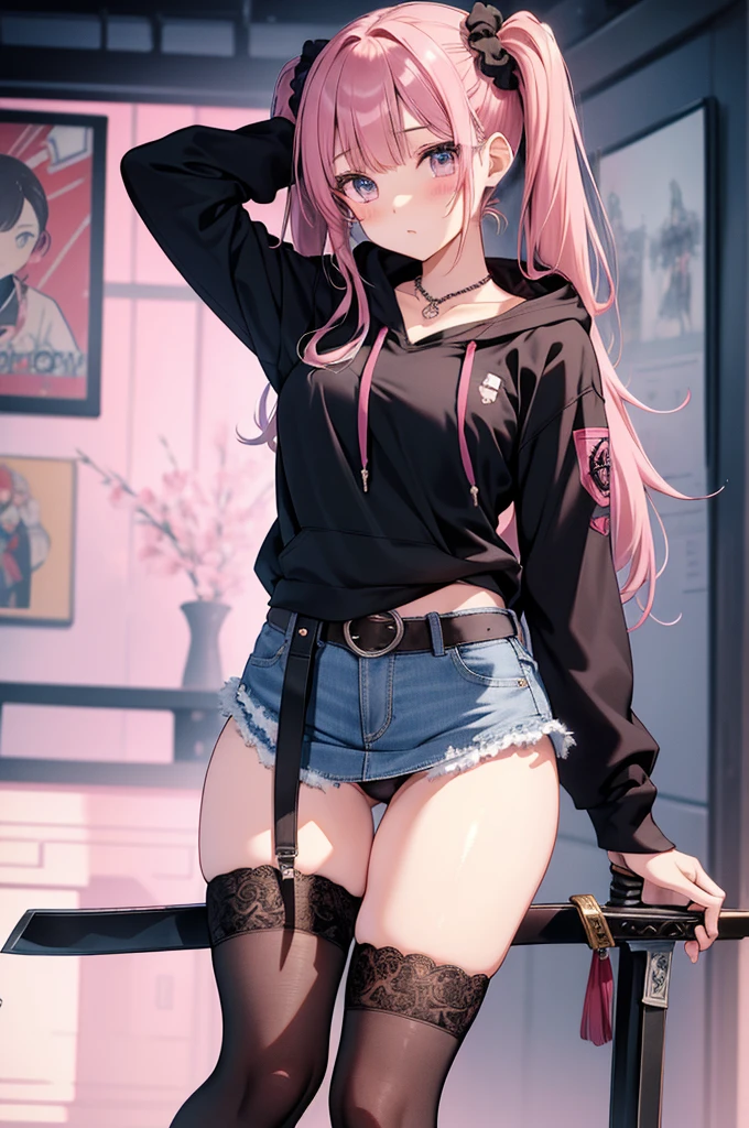 masterpiece, highest quality, pretty girl, 16 , Scrunchie hair ornament, Twin tails,denim pencil mini skirt,hoodie, Patterned stockings, Leg belt, necklace, skinny , Pink and black bra,((showing off lace panties)),sword,knife,Japan holding a sword,Assassin,
