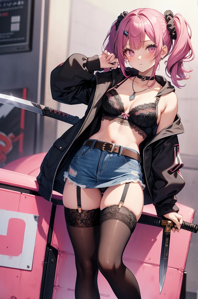 masterpiece, highest quality, pretty girl,  , Scrunchie hair ornament, Twin tails,denim pencil mini skirt,hoodie, Patterned stockings, Leg belt, necklace, skinny , Pink and black bra,((showing off lace panties)),sword,knife,Japan holding a sword,Assassin,